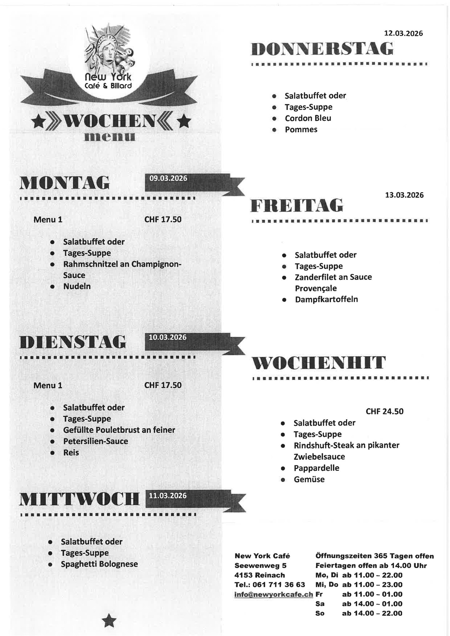 Aktuelles Wochenmenü❗
Zu jedem Gericht etwas vom Salatbuffet!
Jede Woche einen Wochenhit 🌟