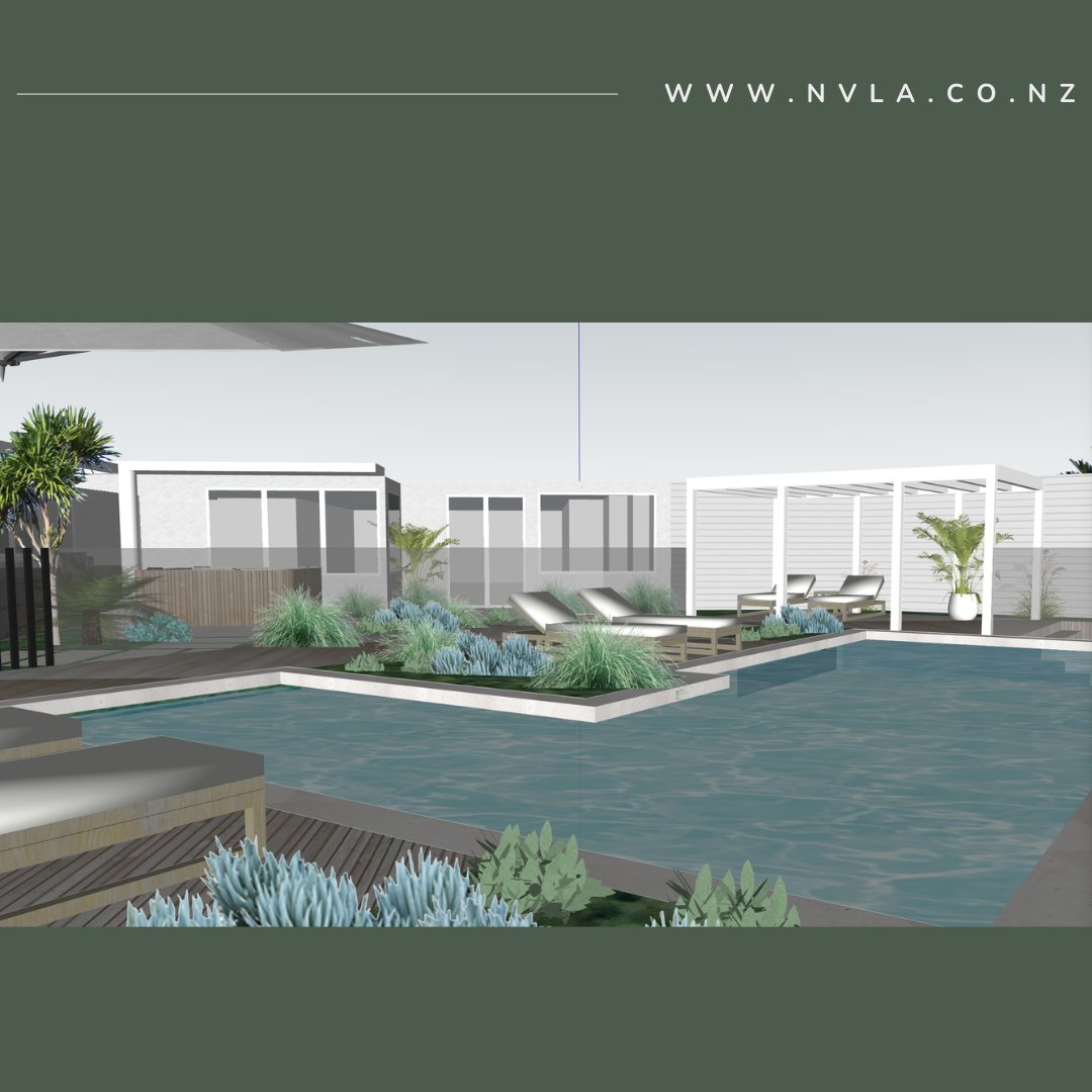 Creating a variety of lounging opportunities around your pool will make sure you get the most out of your property. #shadedlounging #pooldesign #landscapedesign www.nvla.co.nz