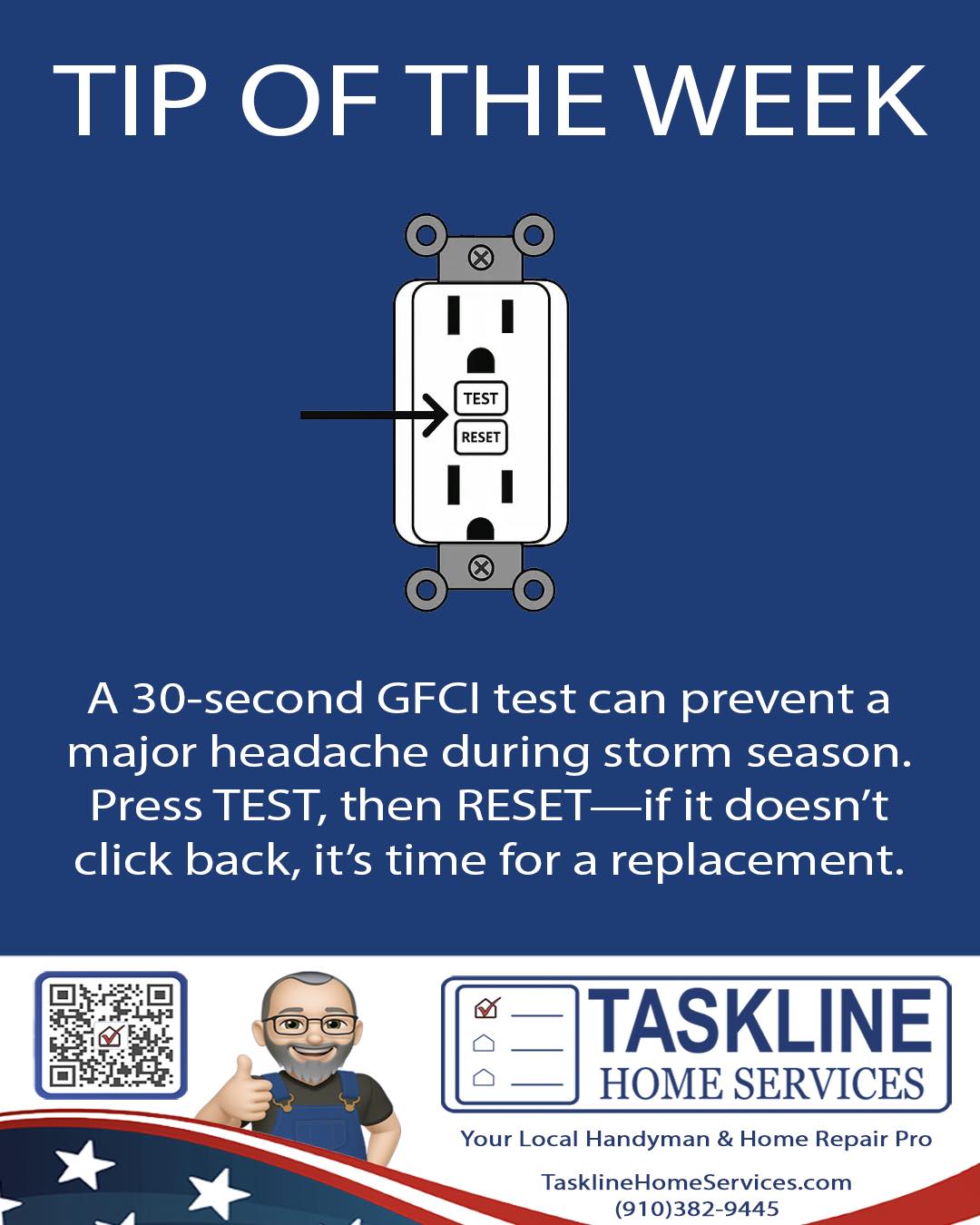 Storm season is coming, and a quick GFCI test can save you from a surprise outage. Storms bring moisture and power fluctuations - both can expose a weak GFCI. Press TEST, then RESET —if it won't click back, the outlet needs attention. Simple, fast, and worth doing before the weather turns.
#TasklineTip #ElectricalSafety #StormPrep #FayettevilleNC #HopeMillsNC #HandymanTips