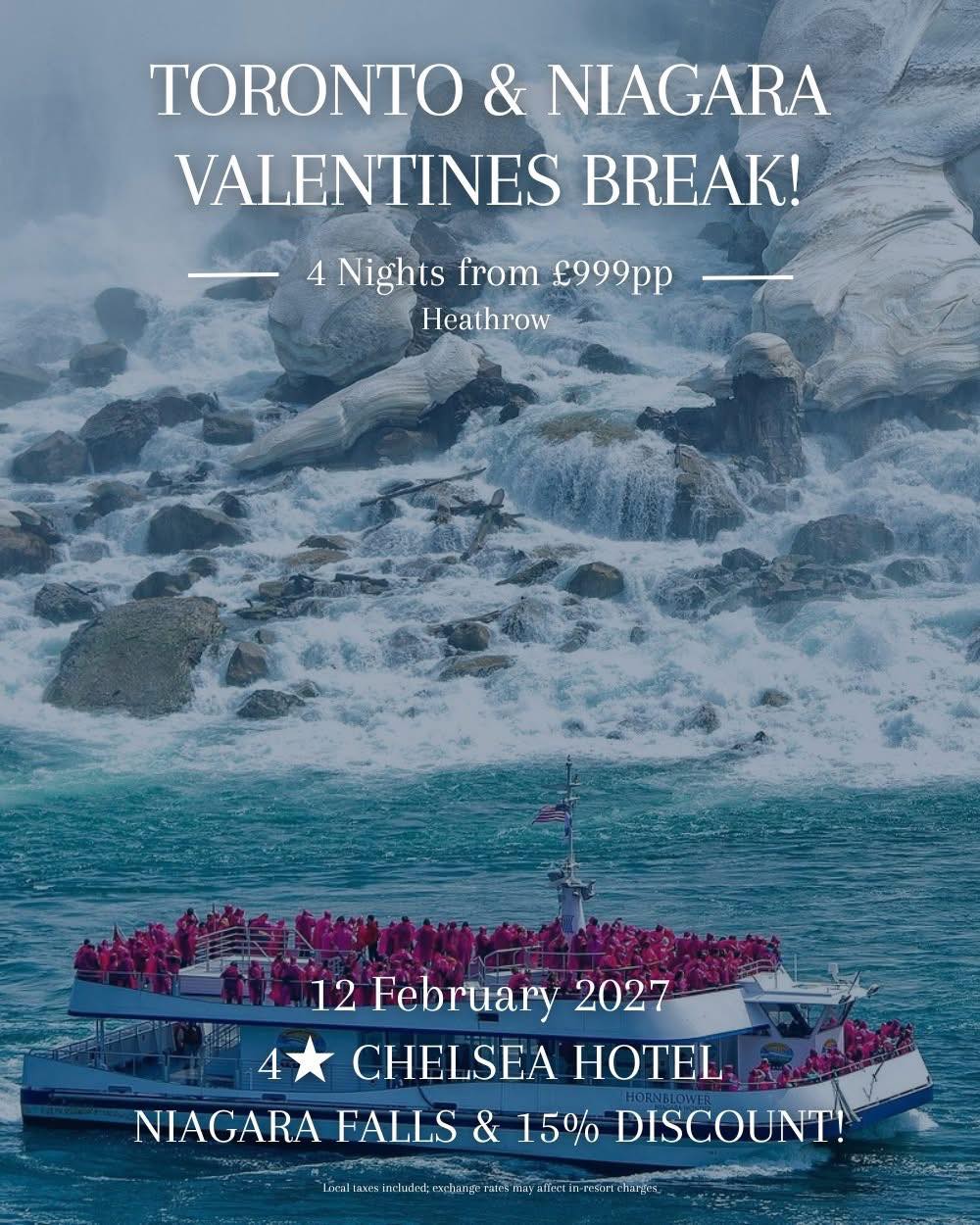 💘 Toronto & Niagara Falls Valentine’s Break
Looking for something a little different for Valentine’s? Think city lights, incredible views and one of the world’s most famous natural wonders. ❤️
🗓 4 nights from £999pp
📅 Departure 12 February 2027
💰 15% early booking saving included
Stay in the heart of Toronto at the well located 4★ Chelsea Hotel, giving you the perfect base to explore the city’s restaurants, shops and skyline.
Then enjoy a full day trip to Niagara Falls, including a sightseeing tour and the famous boat cruise right up to the falls – an unforgettable experience.
Your holiday includes
✈ International flights with 23kg baggage
🚗 Private return airport transfers
🏨 4 nights at 4★ Chelsea Hotel Toronto (Room Only)
🌊 Niagara Falls sightseeing tour with boat cruise
💰 15% early booking discount already applied
Example departures
✈ London Heathrow from £999pp
✈ Glasgow or Birmingham from £1079pp
✈ Dublin from £1119pp
✈ Manchester from £1189pp
✈ Edinburgh from £1219pp
✔ No local fees payable
Perfect for couples wanting a memorable Valentine’s trip with a mix of city break and bucket list experience.
📞 07856 872978
📧 nctravel@travel-pa.com
🌍 www.nctravel.co.uk
#NCTravelUK #Toronto #NiagaraFalls