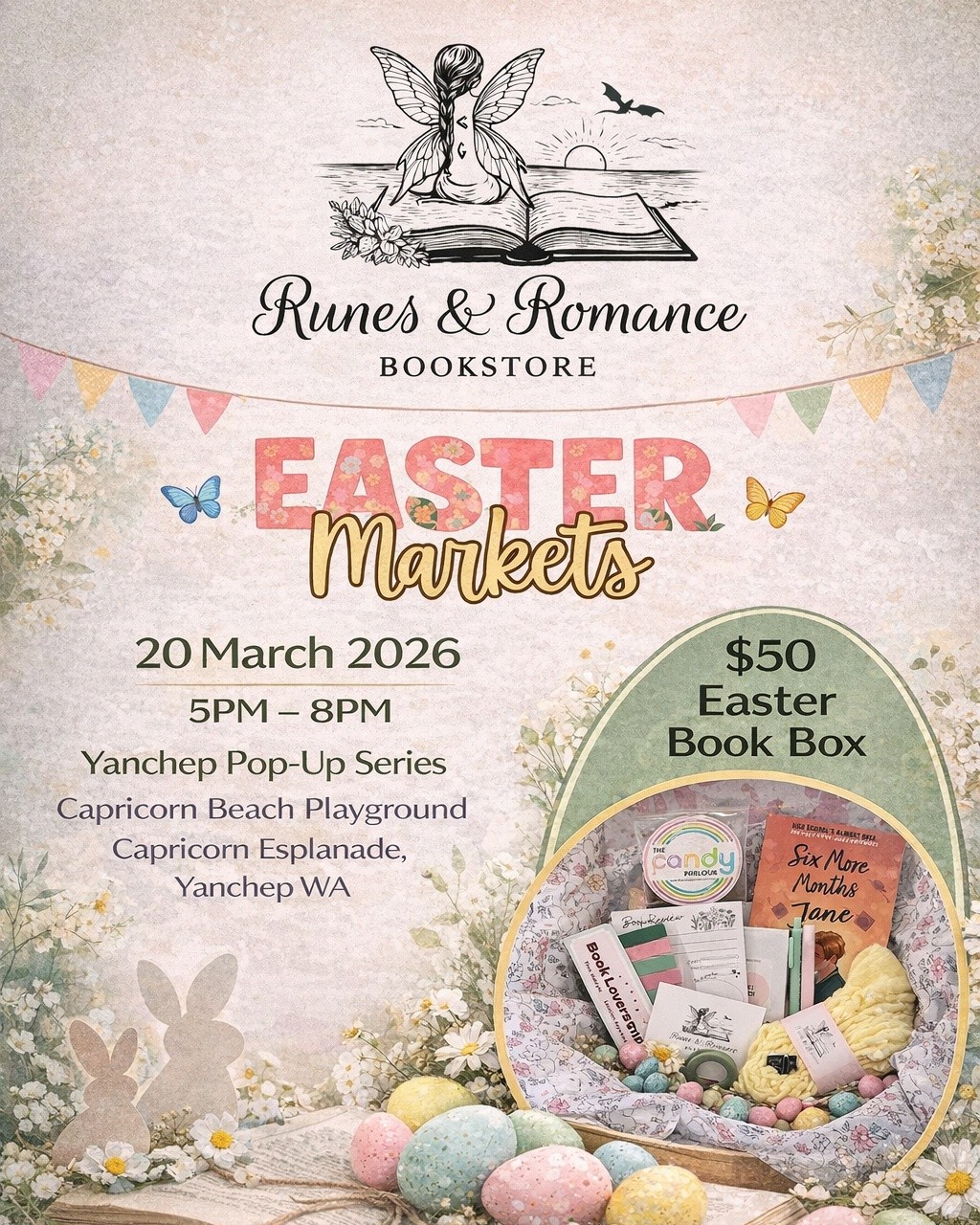 🐰🐣Get all your Easter goodies at the local
Pop up Series Yanchep Markets! 🐣🐰
🐣Easter book boxes
🐰bookmarks
🐣book lights
🐰deluxe and standard boxes for our top titles
🐣pre-order your Mothers Day book box (limited avalible)
🐰place custom orders for free local delivery over the weekend!
Yanchep Pop-Up Series
#bookboxes #Easter2026 #markets #yanchep #motherday #smallbusinessinperth #supportlocalbusiness #smallbusinessbigdreams #australiasmallbusiness #smallbusinessonline #wrappedwithlove #morethanabook #bookgifts #cozyreads #readingvibes #booksmakemehappy #bookishlove #booklovers #bookstgram #bookadict #TBRProblems #tbrpile #getyourcartready #comingsoon #runesandromance