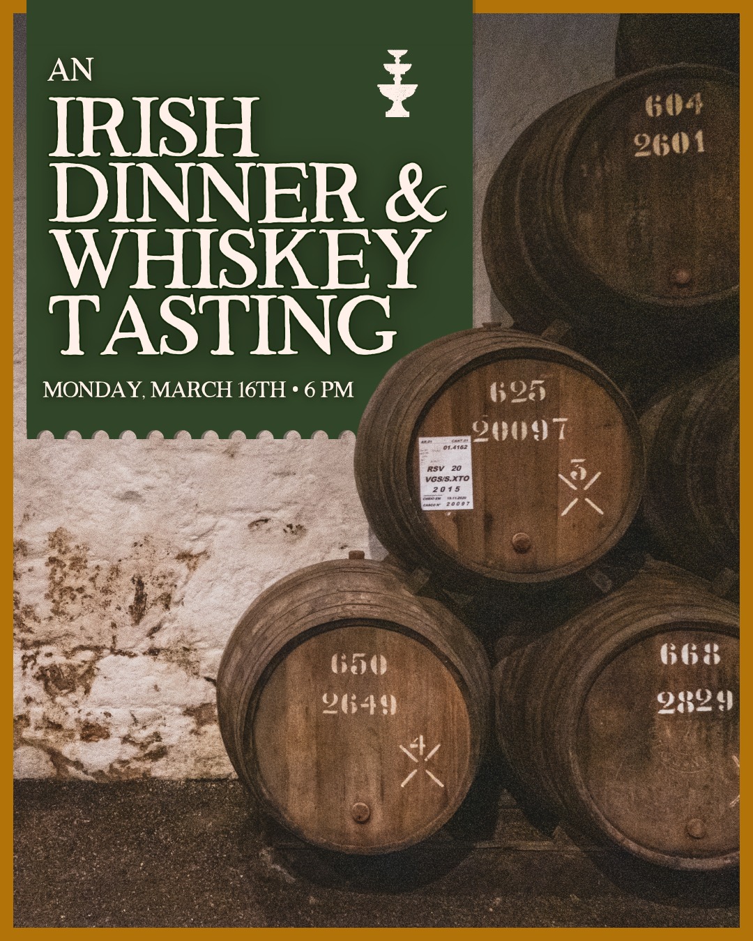 ๐ Save the date!
Next Monday, we're hosting An Irish Dinner and Whiskey Tasting in Bellefonte! โฒ
Book your ticket for Irish beef & Guinness stew, brown bread, plus a guided tasting of 2 Big Spring whiskeys (including one unreleased!) and 4 Irish whiskeys. Perfect for a St. Patrick's Day celebration โ
๐
Monday, March 16th
๐ 6:00 pm
๐ Irish Dinner & Whiskey Tasting
๐ฅ 2 Big Spring Whiskeys + 4 Irish Whiskeys
๐ฝ Irish beef & Guinness stew, brown bread, and a boozy, minty dessert ๐
๐ ticket link in the bio!
โจ Attendees at this event will get a sneak preview and taste of our newest limited release, coming soon!