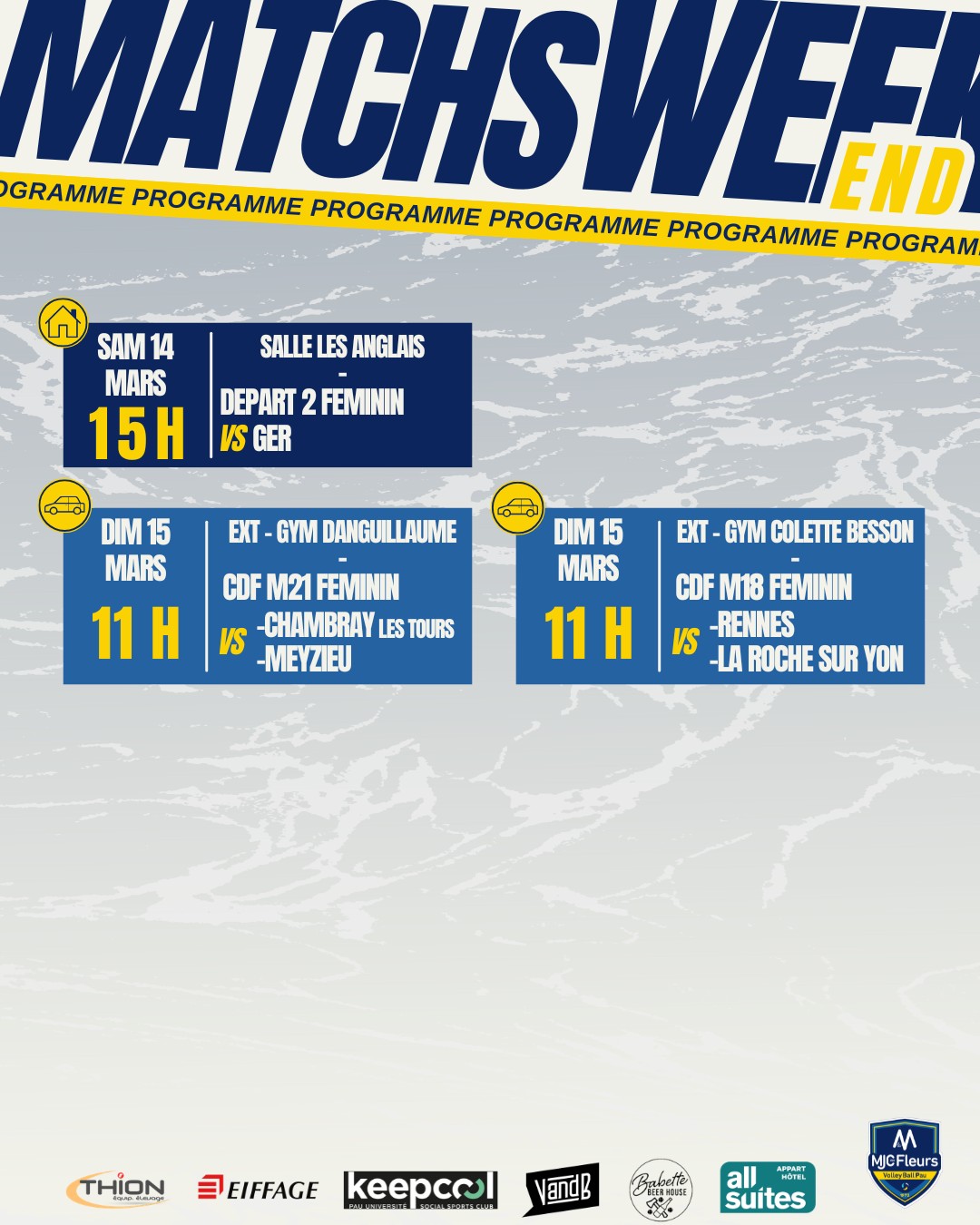 🌸 Programme du week-end 🌸
Nos équipes M18 et M21 F continuent leur parcours en coupe de France!🏆
Les liens vers les lives seront transmis !
🔵 Samedi 14 mars, Salle les Anglais :
-15h, départementale F 2 contre Ger
🚗 Dimanche 15 mars extérieur ;
-11h, Coupe de France M21 F à Chambray les Tours
-11h, Coupe de France M18 F à La Roche sur Yon
📸 Namou
🙌 Partenaires ;
Thion Equip'Elevage / Keepcool Pau / V and B Pau /
@all_suites / Babette Beer House - Lancer de Hache Pau