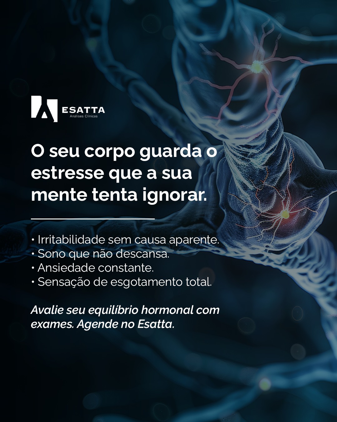 Saúde mental também é química - e o laboratório pode ser o primeiro passo para entender o que está acontecendo no seu corpo. 🧠
Cortisol elevado, Serotonina em desequilíbrio... Esses marcadores falam muito sobre como o seu organismo está respondendo ao estresse do dia a dia.
No Esatta, você investiga, entende e cuida com precisão e acolhimento.
👉 Agende pelo link na bio ou WhatsApp.
