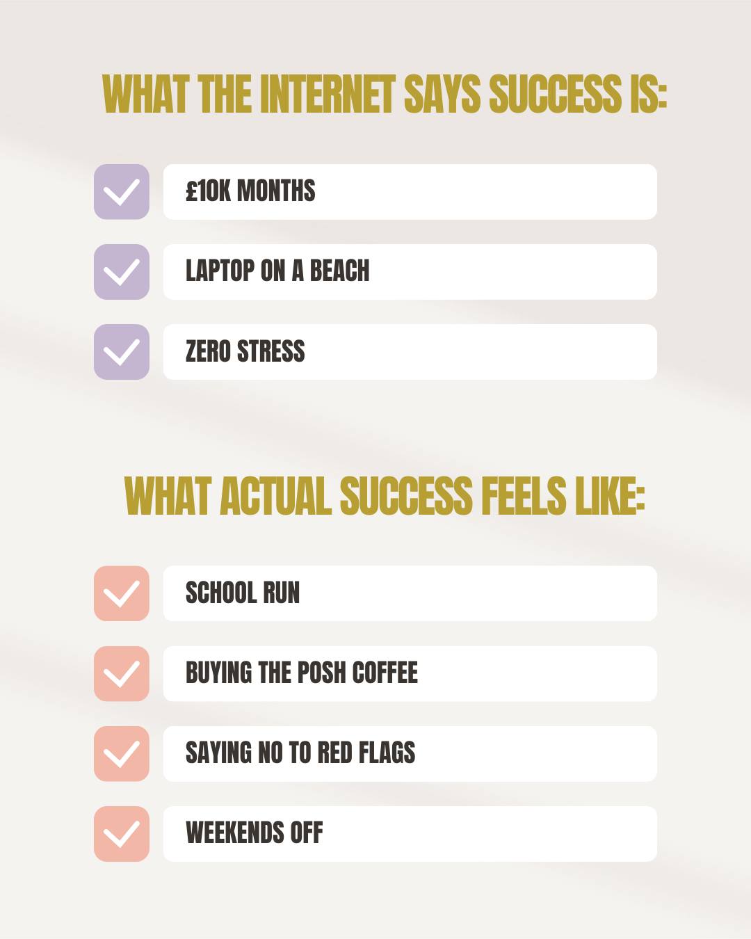 We need to talk about what "success" actually looks like when you run a small business.
Because if you scroll through this app for too long, you’d be forgiven for listening to the noise. You know the type:
❌ Hitting huge revenue months immediately.
❌ Working from a laptop on a beach (sand in the keyboard, anyone?).
❌ "Zero days off" hustle culture.
But after years of working with female founders, I know that real success is often much quieter. And much more personal.
sometimes, success looks like:
✅ Closing the laptop at 3pm for the school run without asking anyone for permission.
✅ Buying the posh coffee because the business paid for it.
✅ Saying a hard "no" to a red-flag client because you trust your gut.
✅ Paying your own pension contribution.
✅ Having a weekend where you didn’t check emails once.
✅ Building a business that fuels your life, rather than draining it.
The best thing about being the boss? You get to write the definition.
If you’re building a business that pays you properly, respects your boundaries, and allows you to do work you’re proud of - you are winning.
Don't let the highlight reels tell you otherwise.