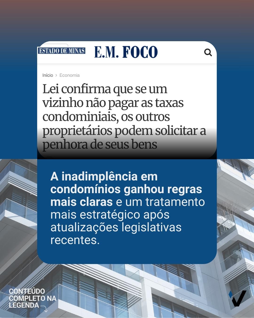 Conforme destacado na matéria do Estado de Minas, as atualizações legislativas trouxeram regras muito mais claras e rigorosas: hoje, o condomínio tem o respaldo da lei para solicitar a penhora de bens do proprietário devedor para quitar as taxas condominiais.
Essa mudança garante um tratamento mais estratégico e ágil, impedindo que a falta de pagamento de poucos sobrecarregue o orçamento de todos os outros vizinhos.
Na VIP'S, utilizamos nossa expertise jurídica e administrativa para mediar essas situações com firmeza e transparência, garantindo que o caixa do seu condomínio permaneça saudável e as melhorias não parem.
Não deixe que a inadimplência trave o crescimento do seu patrimônio. Conte com quem entende do assunto para aplicar a lei de forma eficiente.
VIP’S 25 anos – Porque viver bem começa com uma boa gestão.
#GestaoCondominial #DireitoCondominial #Inadimplencia #EstadoDeMinas #VipsCondominios #JustiçaCondominial