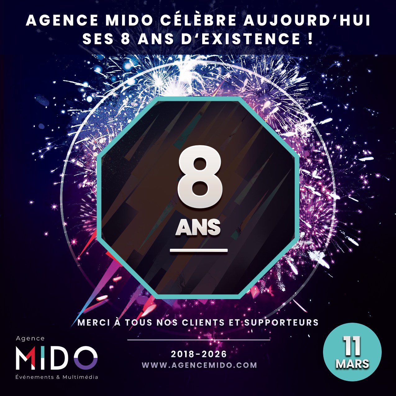 🎉 8 ANS D’AGENCE MIDO ! 🎉
En ce 11 mars 2026, Agence MIDO célèbre aujourd’hui ses 8 ans d’existence ! 🥳
Depuis le 11 mars 2018, l’aventure continue d’évoluer, de grandir et de se transformer année après année. Après 8 ans de projets, de défis, de belles rencontres et de confiance renouvelée, notre motivation est toujours aussi forte pour faire rayonner Agence MIDO encore plus loin. 🚀
Rien de tout cela ne serait possible sans vous. Un immense merci à tous nos clients, partenaires, collaborateurs, amis et supporteurs qui nous accompagnent depuis le début ou qui se sont ajoutés à l’aventure en cours de route. Votre confiance fait toute la différence et nous permet de continuer à bâtir quelque chose dont nous sommes fiers, année après année. 🙏✨
8 ans plus tard, l’histoire continue et c’est grâce à vous. 💛
#8ans #AgenceMIDO #Merci #Anniversaire #EntrepriseQuébécoise #Lévis #Entrepreneuriat #Créativité #Évolution