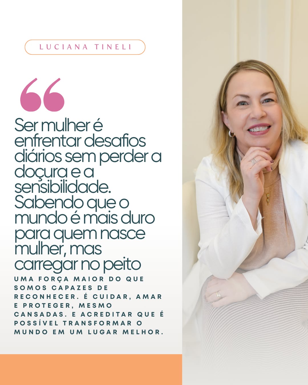 Celebramos a sensibilidade e a trajetória de mulheres que transformam o cuidado em propósito.
Nesta campanha de Mês da Mulher, convidamos nossas clientes a compartilharem, em uma frase, o que significa ser mulher em sua própria história.
✨ Hoje, quem divide a sua visão é a Luciana Tineli, cirurgiã vascular.
Entre tantas histórias, caminhos e vivências, ela sabe que não é fácil abrir espaço. Mas, igualmente, admite que reagimos, mesmo cansadas. Mental e fisicamente.
Ela, ainda, complementa: "É ser abrigo para o amor, é coragem de enfrentamento e não deixar de acreditar".
Encerramos, aqui, um mês cheio de amor, reconhecimento, sabedoria e palavras de mulheres que escolhem, diariamente, fazer a diferença na sua vida e na de outras mulheres.
Cada uma que escreve a sua própria trajetória, inspira outras no caminho. 🧡
#MesDaMulher #MulheresQueCuidam #MulheresNaMedicina #AutoridadeFeminina #AbraceComunique #CirurgiaVascular #MedicinaVascular