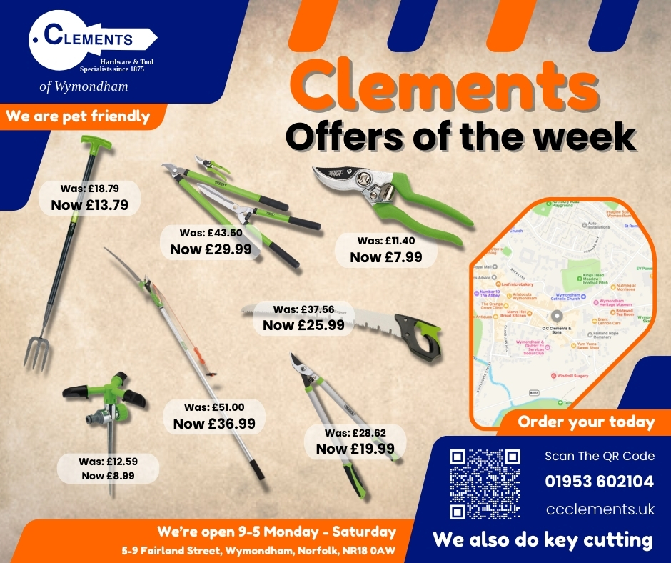 Check out these offers!
Get all of your gardening tools ready for this summer. #getsummerready 😎☀️
Order yours now at: www.ccclements.uk
#clementsandsons #clements #clickandcollect #ironmongery #visitwymondham #Norfolk #summer #garden #gardening