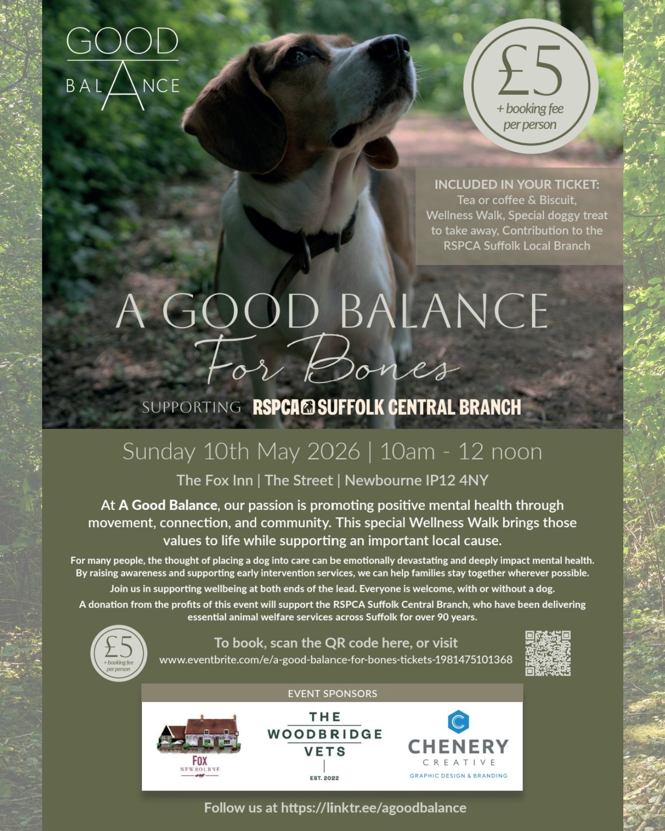 We’re pleased to be sponsoring “A Good Balance for Bones”, a community wellness walk organised by Good Balance in support of the RSPCA Suffolk Central Branch.
Taking place on Sunday 10th May 2026 at The Fox Inn in Newbourne, this event brings together the benefits of outdoor movement, community connection, and support for an important local cause. The walk aims to promote positive mental wellbeing while raising funds for the vital animal welfare services provided by the RSPCA across Suffolk.
🎫 Tickets are £5 (+ booking fee) and include refreshments, a guided wellness walk, a takeaway treat for dogs, and a contribution to the RSPCA Suffolk Central Branch. Everyone is welcome to attend, whether with a dog or simply to enjoy the walk and support the cause.
📅 Sunday 10th May 2026
🕙 10am – 12 noon
📍 The Fox Inn, Newbourne, IP12 4NY
You can book your place here:
https://www.eventbrite.com/e/a-good-balance-for-bones-tickets-1981475101368
We’re proud to support initiatives that strengthen our community while contributing to the wellbeing of animals and the people who care for them 💚
#welovedogs #veterinaryteam #canine #veterinarycare #suffolk #suffolkcommunity #goodbalance #wellnesswalk #localcommunity #animalwelfare #rspca #sponsored