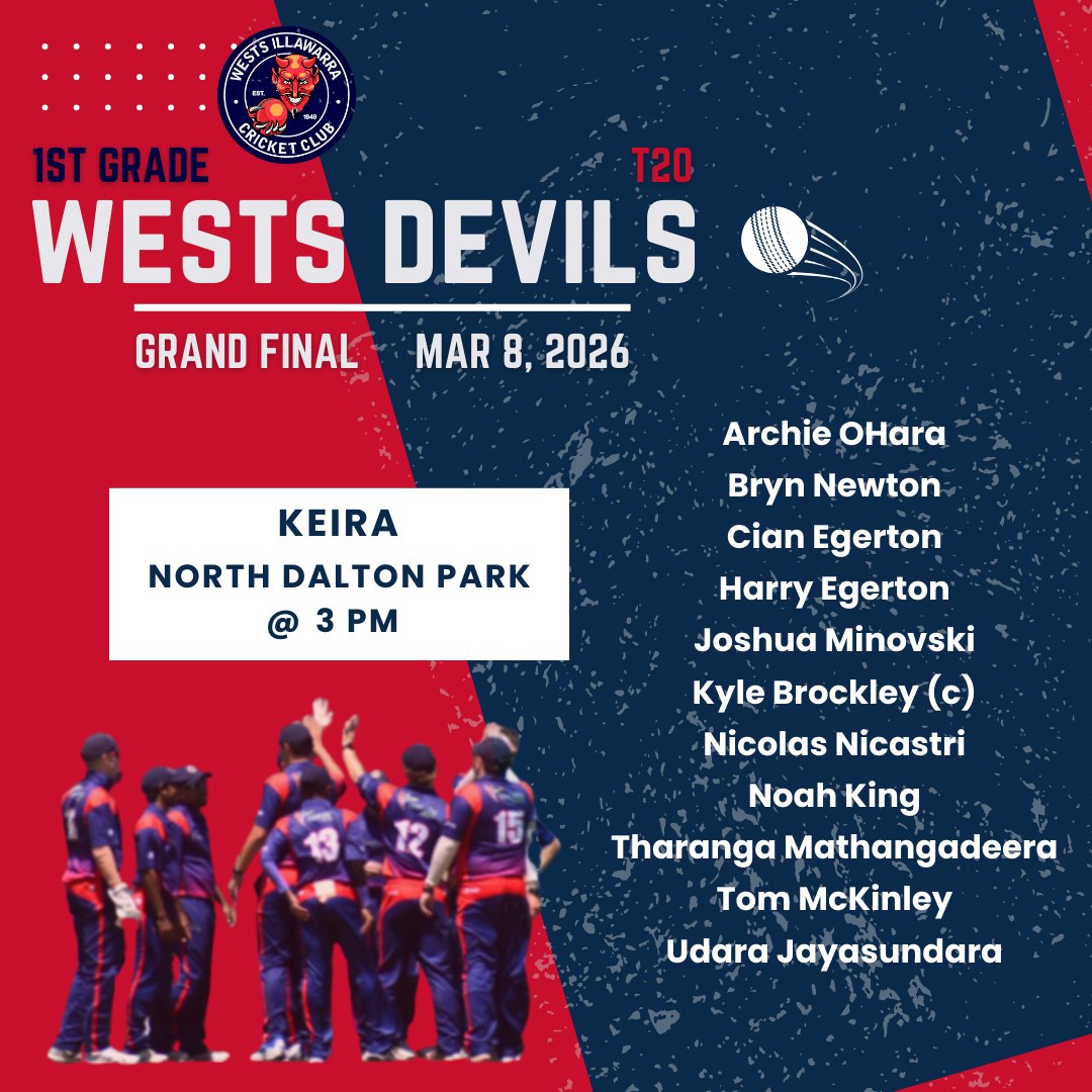 Itโs Grand Final time! ๐ฅ๐
Our Wests Devils 1st Grade face Keira today in the T20 Grand Final.
๐ North Dalton Park
๐ 3pm
The rain is around, but if the weather clears weโd love to see plenty of red and blue cheering on the Devils! โค๏ธ๐
#WestsDevils #GrandFinalDay #RedAndBluePride #GoTheDevils #WestsIllawarraCricketClub