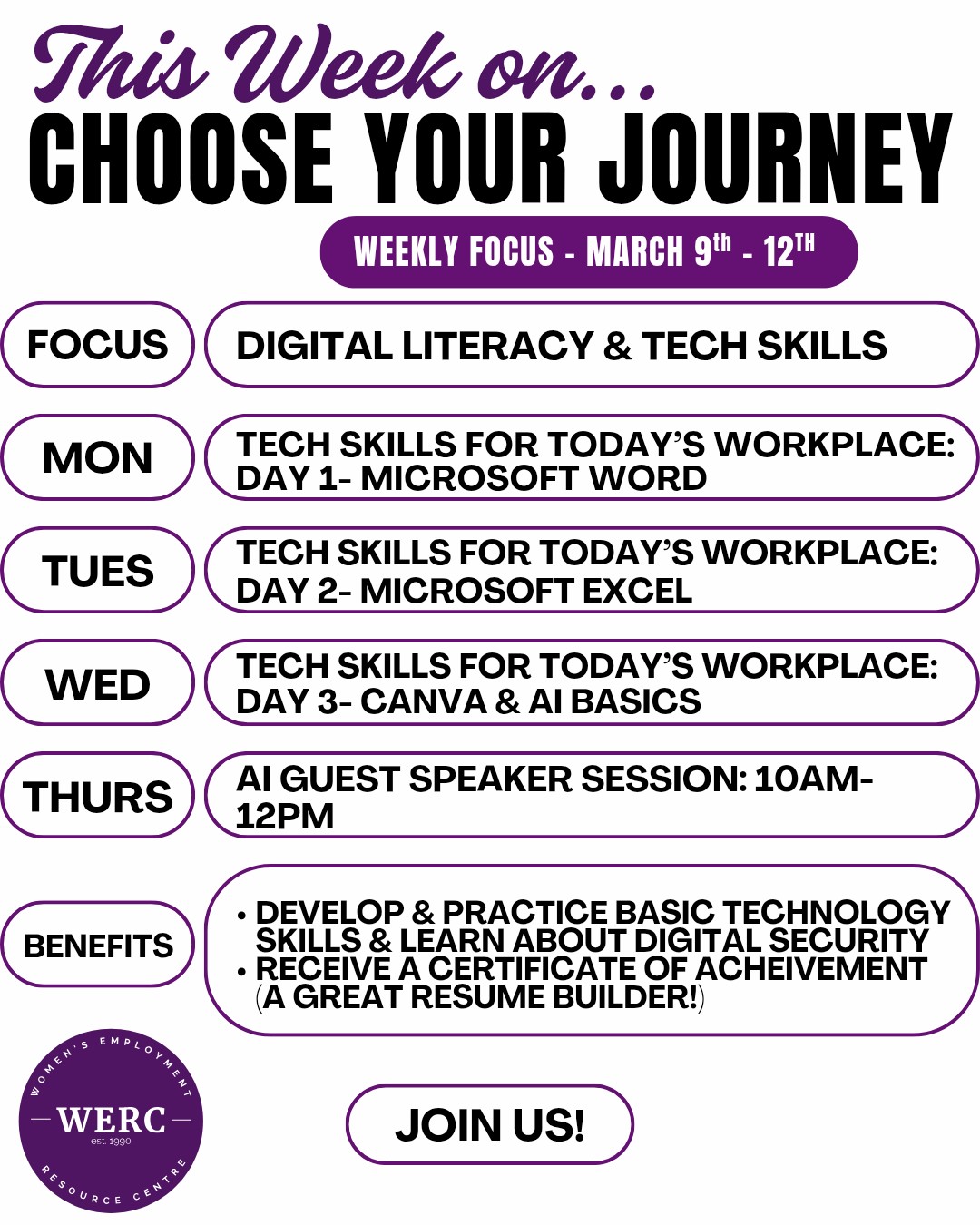 This week of our Choose Your Journey program has been highly anticipated! Join us this week for comprehensive digital literacy classes to help boost your resume & attend a guest speaker session to learn more about artificial intelligence in the workplace! 🖥
#womensupportingwomen #oxfordcounty #womensemployment #werc #employmentservice