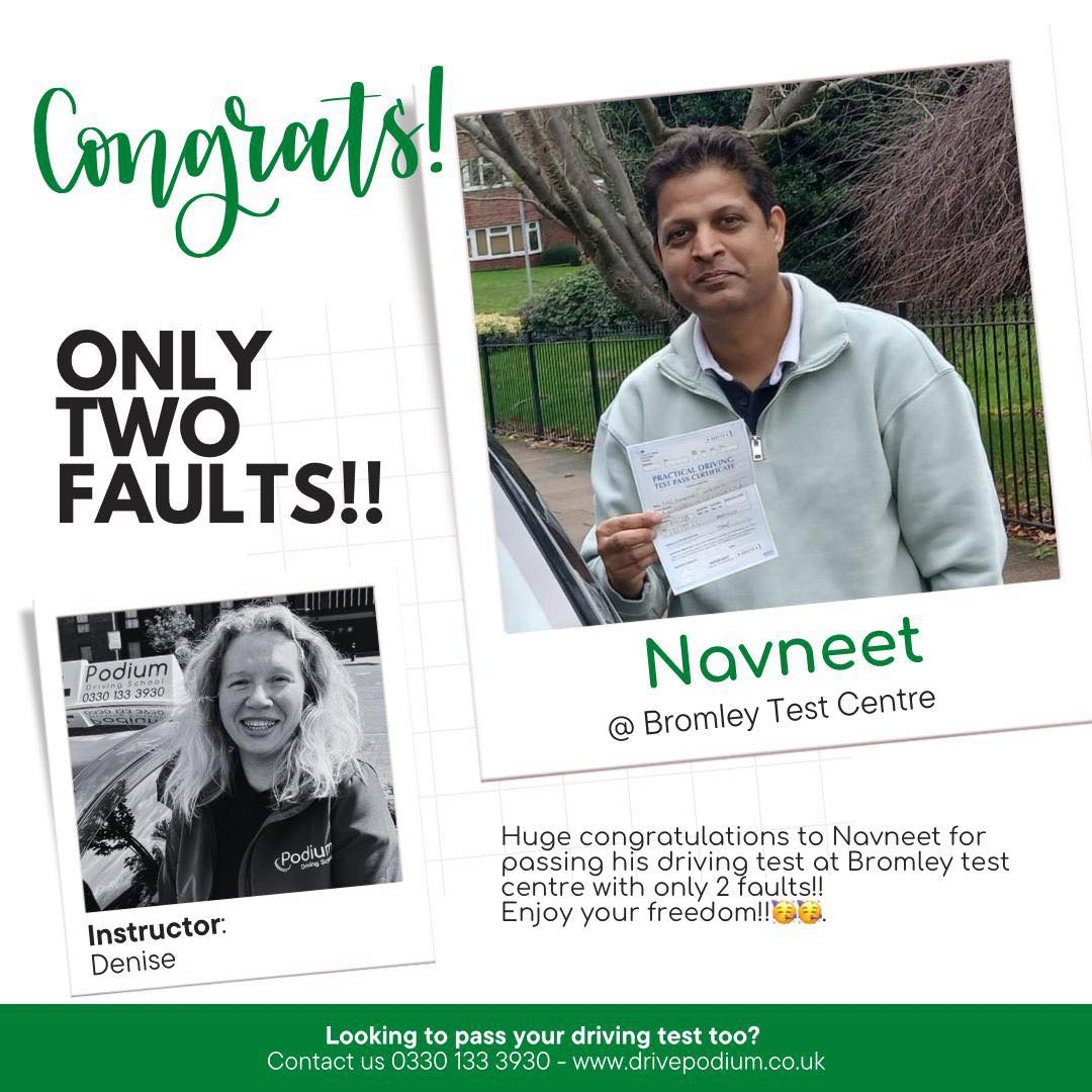 Huge congratulations to Navneet for passing his driving test today, 9th February 2026, in Bromley with only 2 driving faults 😁🥳🥳🎉🎉💫 Navneet came to me after he failed his test twice with a different instructor We soon identified a few issues that were holding him back, one of which was his clutch control and the way he was using his clutch pedal. After some exercises on hills, he mastered those, and the rest came easily 😁. Navneet, your drive today was very smooth despite your stress level being high, and you came back with an amazing pass, showing what a safe and considerate driver you are 😁🎉 On behalf of Podium and myself, I wish you many happy years driving around with your beautiful family😁🚙
