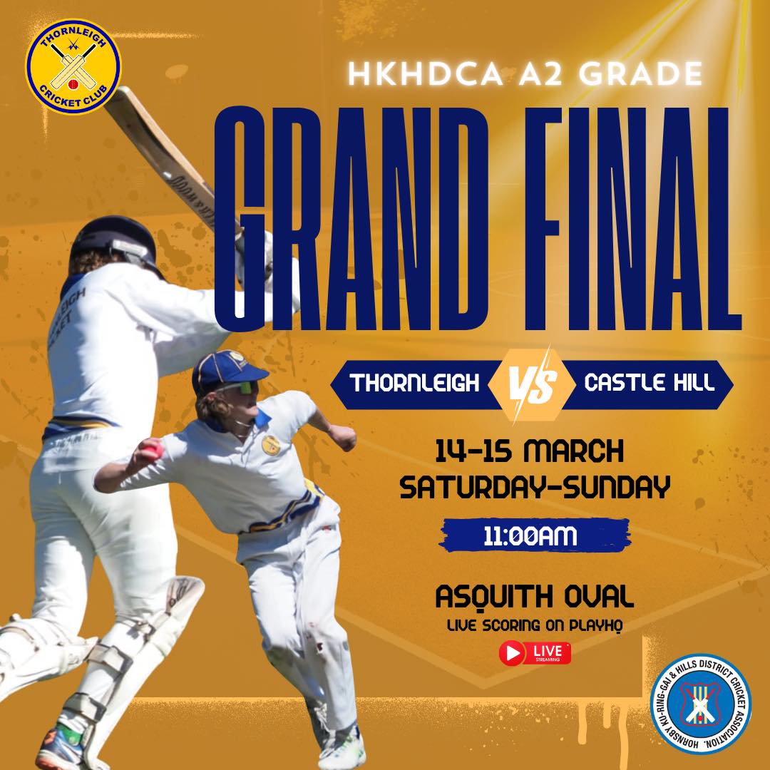 A2 2025-26 GRAND FINAL ⚡️⚡️⚡️
This year our A Graders have reached the final yet again, after winning last years C Grade competition. The match will be held at Asquith Oval on BOTH Saturday and Sunday from 11am, so come get your cricket fix!
This is the first year that this particular playing group joined the A2 division, and they have taken it by the scruff of the neck with just one loss since joining. They beat top of the ladder Glenorie last week in a dominant display with bat and ball, and the only hurdle left it Castle Hill, who went lost to Thornleigh just 3 weeks ago.
Come down and support the boys as they attempt to make history with an A Grade premiership! There will also be live scoring on PlayHQ.
Good luck Thornleigh A2 Grade! 💙💛
Send us an email if you have questions: thornleighcricket@gmail.com
Thanks as always to our Major Sponsor @alto_mitsubishi_pennant_hills and our Community Partners @magpieswaitara @allenandsheppard and @scooda.creativehub for your huge support of local community cricket.
#PlayCricketforThornleigh #ThornleighCricket #SummerSport #Cricket #thornleigh #westleigh
@cricketnsw
@cricketaustralia
@hkhdca