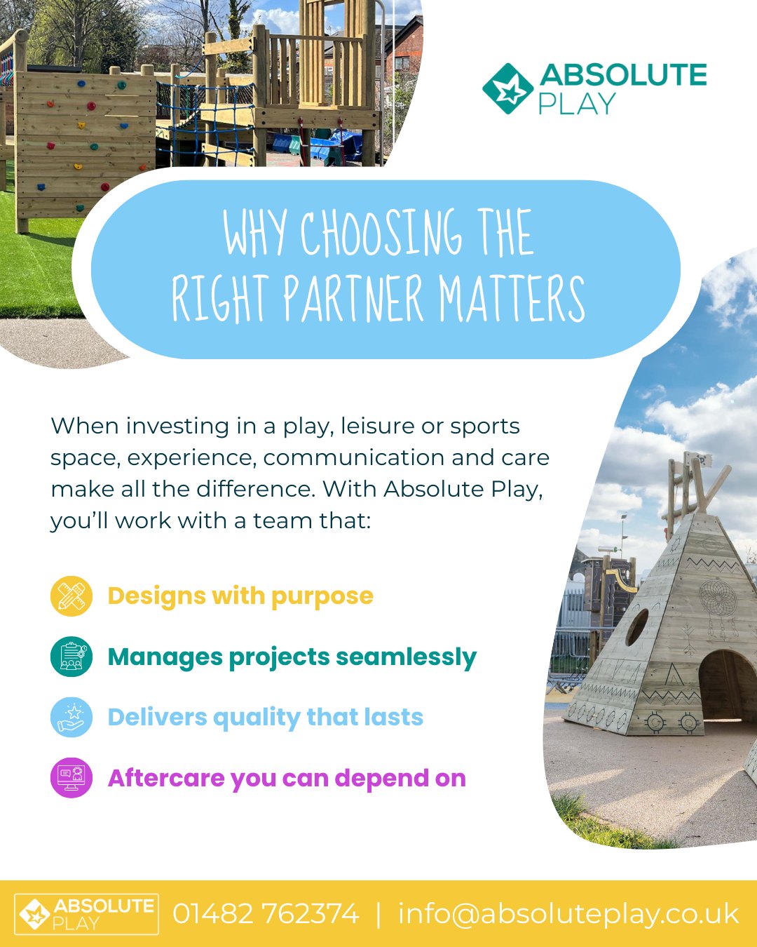 Choosing the right partner matters🫱🏽🫲🏼
When investing in a play, leisure, or sports space, experience, communication and care make all the difference.
With Absolute Play, you’ll work with a team that:
• Designs with purpose
• Manages projects seamlessly
• Delivers quality that lasts
• Supports you long after installation
If you’re planning a project this year, we’re ready to help.
📧 info@absoluteplay.co.uk