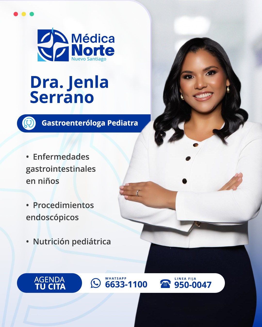 Los problemas digestivos en la infancia requieren una evaluación especializada y un manejo adecuado desde el inicio
En Médica Norte, la Dra. Jenla Serrano, gastroenteróloga pediatra, brinda atención enfocada en el diagnóstico y tratamiento de enfermedades gastrointestinales en niños
La consulta permite evaluar la condición del niño, orientar a la familia y definir el tratamiento más adecuado, siempre con el acompañamiento médico necesario para cuidar de su salud digestiva
📲 Agenda tu cita: 6633-1100
☎️ Línea fija: 950-0047
📍 Médica Norte
#MédicaNorte #GastroenterologíaPediátrica #SaludInfantil #SaludDigestiva #TuGuíaAUnaMejorSalud #AtenciónEspecializada #Santiago #veraguas #panama