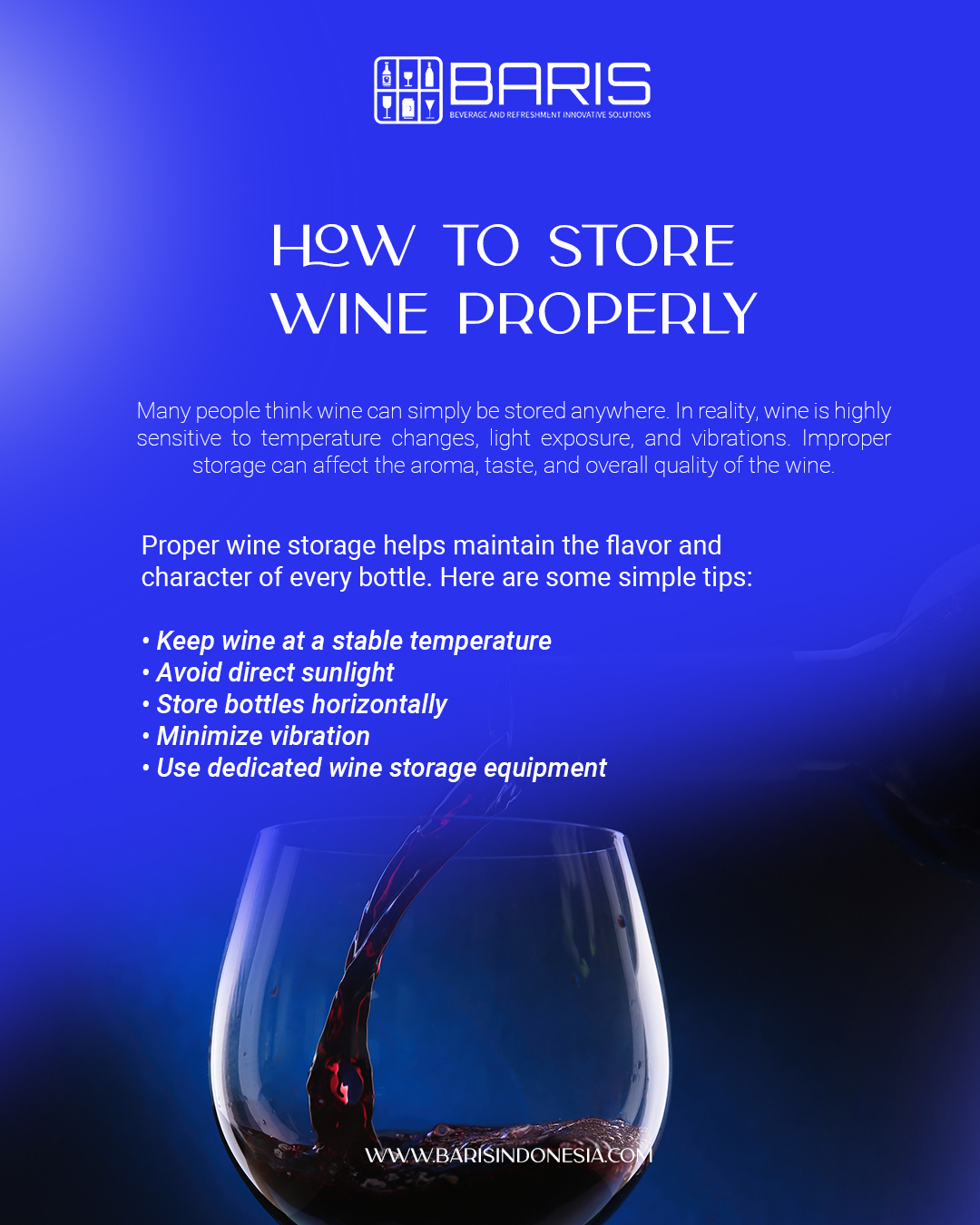 Many people think wine can simply be stored anywhere. In reality, wine is highly sensitive to temperature changes, light exposure, and vibrations. Improper storage can affect the aroma, taste, and overall quality of the wine.
Professional wine storage helps maintain the integrity of every bottle, ensuring that wine is always ready to be served in its best condition.
---------
CONTACT US
Whatsapp : +62 811-3877-8844
Email : barisindonesia40@gmail.com
Website : www.barisindonesia.com
Find Us
Jl. Diponegoro No.717, Pedungan, Denpasar Selatan, Kota Denpasar, Bali
#winecooler #winestorage #winecollection #wineenthusiast #winebar
#hospitalityindustry #restaurantbusiness #barsetup #horeca
#kitchenequipment #commercialkitchen #horecaequipment
#restauranttools #professionalbar #barisindonesia