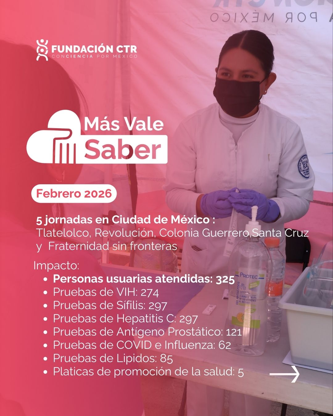 🚀 ¡Febrero: Metas cumplidas y más salud para todxs! 💙
Este mes demostramos que la prevención es la mejor forma de cuidarnos. Queremos agradecer a cada persona que se acercó a nuestras jornadas de febrero para realizarse sus pruebas de ITS.
¿Te quedaste con ganas de participar? 👀
¡Marzo viene con todo! Mantente al pendiente de nuestras próximas brigadas. 💕
#FebreroSaludable #Prevención2026 #FundaciónCTR #SaludSexual #ImpactoSocial #HazteLaPrueba #BienestarComunitario #CienciaConImpacto