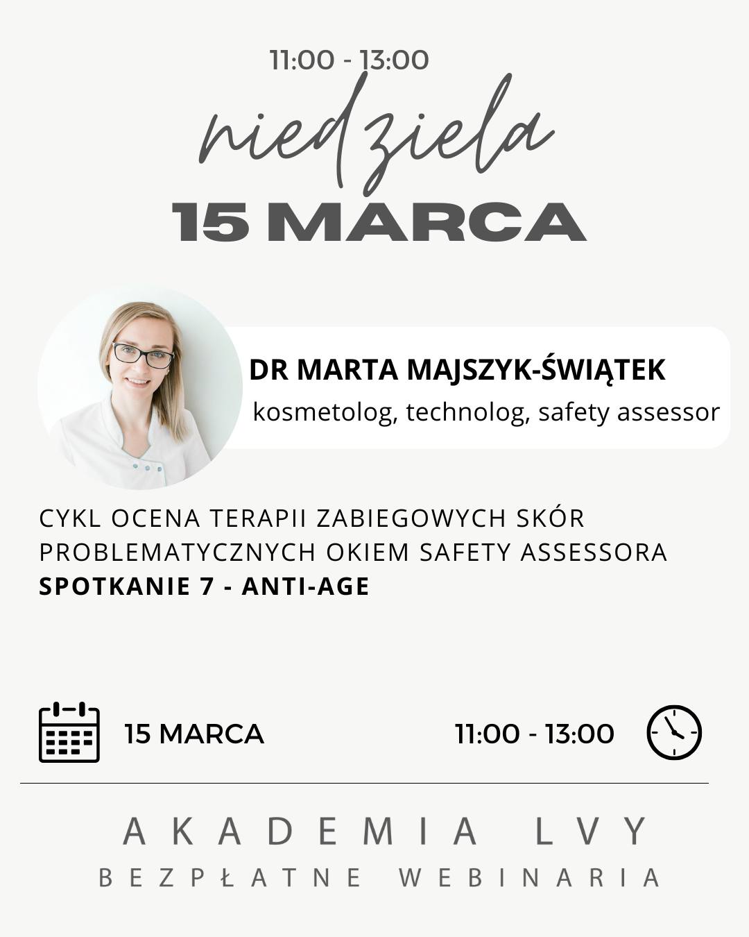 Anti-Age okiem Safety Assessora
Czy wiesz, że źle zaplanowana terapia anti-aging może przyspieszyć starzenie zamiast je spowolnić?
15 marca analizujemy starzenie chronologiczne i fotostarzenie, czynniki wewnętrzne i zewnętrzne oraz rolę stresu oksydacyjnego.
Dowiesz się, jak budować plan zabiegowy krok po kroku, jak dobierać retinoidy, peptydy, witaminę C czy kwas hialuronowy oraz jak prowadzić trudne przypadki bez ryzyka przeciążenia skóry.
To eksperckie spojrzenie dla tych, którzy chcą łączyć skuteczność z bezpieczeństwem.
@kosmetolog.technolog