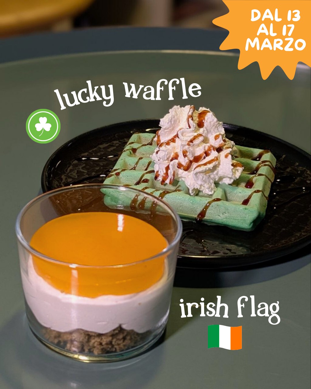 Dolcetti di San Patrizio, in edizione limitatissima solo da venerdì 13 a martedì 17 marzo
Lucky waffle 🌈 Tornano i waffle! Stavolta in versione NoxMade e verdissima, con panna montata e topping a scelta
Irish flag 🇮🇪 Un dolce al cucchiaio con i colori della bandiera irlandese! Crumble senza glutine al tè matcha, crema diplomatica vegan e geleè di albicocca e frutto della passione
Da domani comincia un fine settimana dedicato alla birra e alla festa più bella d'Irlanda ☘ Ti regaliamo sconti e premi per festeggiare con noi!
