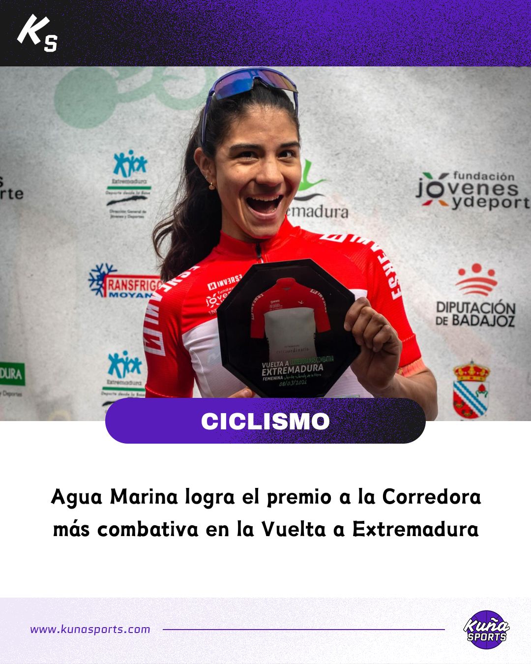 💪🏻¡Guerrera!
🚴🏻♀️Agua Marina Espínola tuvo un gran fin de semana en Extremadura, donde participó de La Vuelta Ext.
🔝En la tercera y última etapa, la paraguaya logró una "excepcional ascensión" en el Alto del Piornal.
🏆Esto le valió el premio a la Corredora más combativa y el tercer puesto en la general de Montaña.
🙋🏻♀️La atleta del Team Abadie-Magnan dedicó el premio a nuestro país e hizo mención al 8M, "un día para honrar y recordar la lucha de las mujeres que nos permitieron tener hoy estas oportunidades".
👏🏻¡Felicitaciones Agua!
#KuñaSports💜