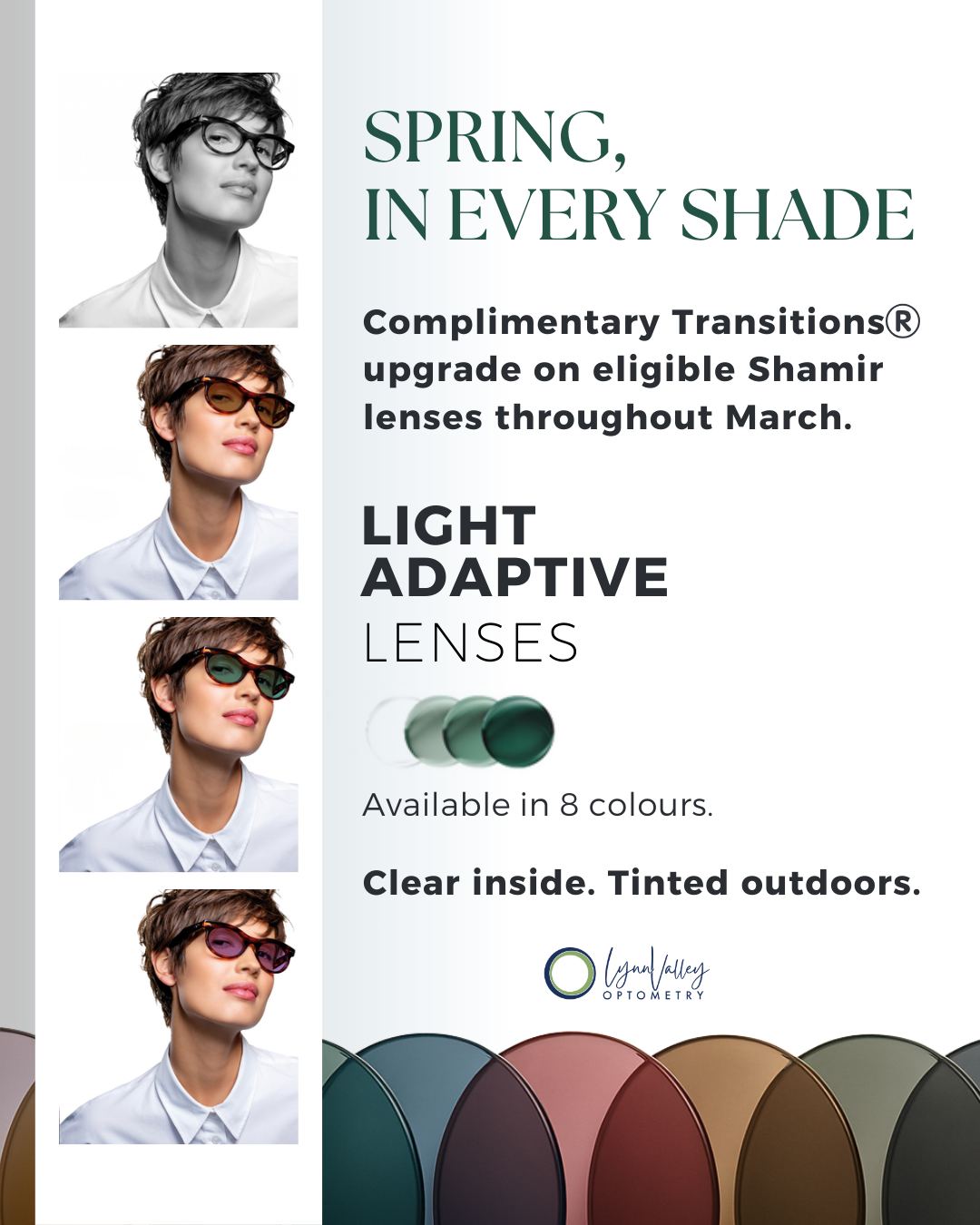 👓 Clear inside. 🕶️ Tinted outdoors.
Transitions® lenses adapt to changing light and are now available in 8 colours for added style and comfort.
Complimentary Transitions® upgrades on eligible Shamir lenses throughout March.
Visit us in clinic to learn more.
#transitionslenses #adaptivelenses #northvancouver #lynnvalleyoptometry