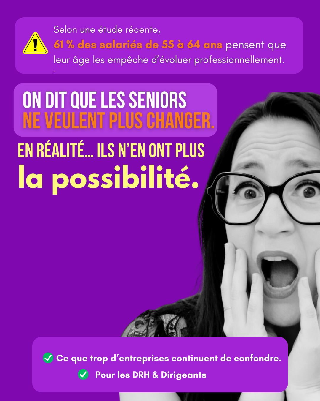 On dit que les seniors ne veulent plus changer.
En réalité, ils n'en n'ont plus la possibilité
Dans beaucoup d’entreprises, on entend encore la même idée :
“À 55 ans, les salariés ne veulent plus évoluer.”
“C’est trop tard pour changer.”
“Autant attendre la retraite.”
Pourtant, les données racontent une autre histoire.
Aujourd’hui, beaucoup de salariés seniors envisagent encore une évolution professionnelle.
Mais un frein revient très souvent :
→ l’âge perçu comme un obstacle.
Selon une étude récente, 61 % des salariés de 55 à 64 ans pensent que leur âge les empêche d’évoluer professionnellement.
Ce plafond de verre est souvent invisible.
Et dans les organisations, les premiers signaux apparaissent.
Les signaux sont discrets :
▫️ perte de motivation
▫️ sentiment d’être mis de côté
▫️ peur de ne plus être légitime
▫️ envie de changement… mais bloquée
Pendant un temps, rien ne se voit vraiment.
Les personnes continuent à faire leur travail.
Puis le système se fige.
Et les conséquences apparaissent :
❌ désengagement progressif
❌ départs anticipés
❌ perte d’expérience dans l’entreprise
❌ talents seniors sous-utilisés
Pourtant, les motivations existent toujours.
Chez les salariés de 55 à 64 ans, 53 % seraient prêts à quitter leur poste pour une meilleure opportunité.
Le problème n’est donc pas l’âge.
Le problème, c’est la perte de capacité d’agir.
Chez Tatsucolor, nous travaillons précisément à celà.
Nous accompagnons les personnes à :
→ retrouver leur capacité d’agir
→ identifier leurs compétences transférables
→ clarifier leurs aspirations professionnelles
→ construire une nouvelle étape de carrière
Et lorsque la situation nécessite d’aller plus loin, nous pouvons également proposer :
→ bilans de compétences
→ accompagnements à la reconversion
→ VAE (validation des acquis de l’expérience)
Parce qu’une carrière ne s’arrête pas à 50 ans.
Elle peut encore évoluer, se transformer et s’enrichir.
La vraie question n’est donc pas :
“Les seniors peuvent-ils encore bouger ?”
Mais plutôt :
“Les organisations savent-elles leur redonner la capacité d’agir ?”
💬 Dans votre entreprise, les parcours de seconde partie de carrière sont-ils réellement accompagnés ?