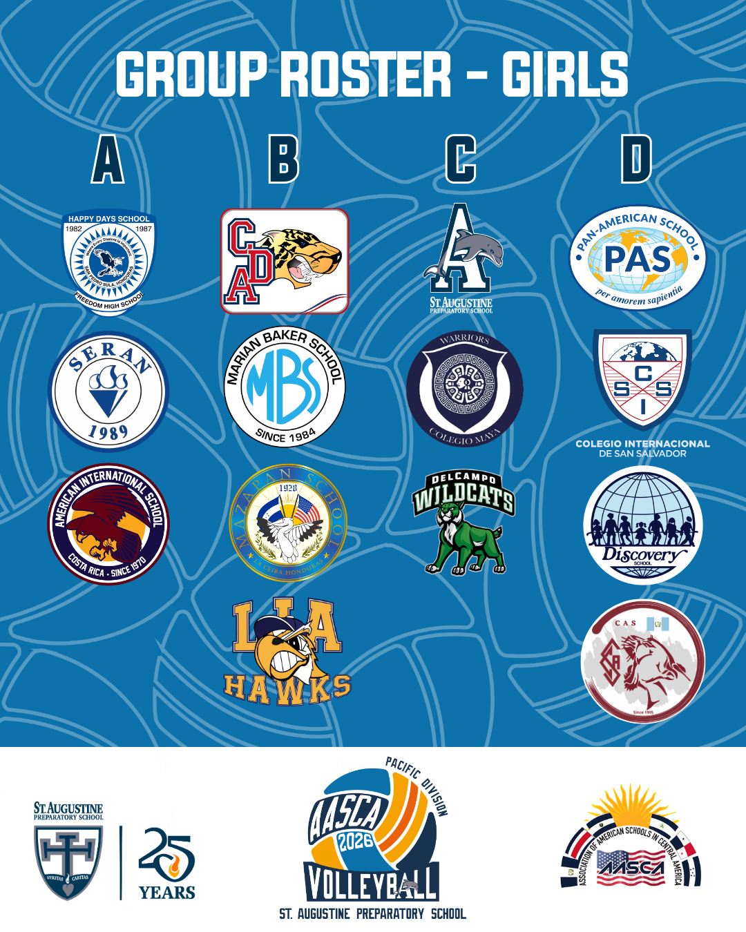 🏐 The Group Roster for the Girls division is live! We cannot wait to host you next week for this year's Pacific Division AASCA Volleyball Tournament! Stay tuned for more information as the tournament approaches. 🏐