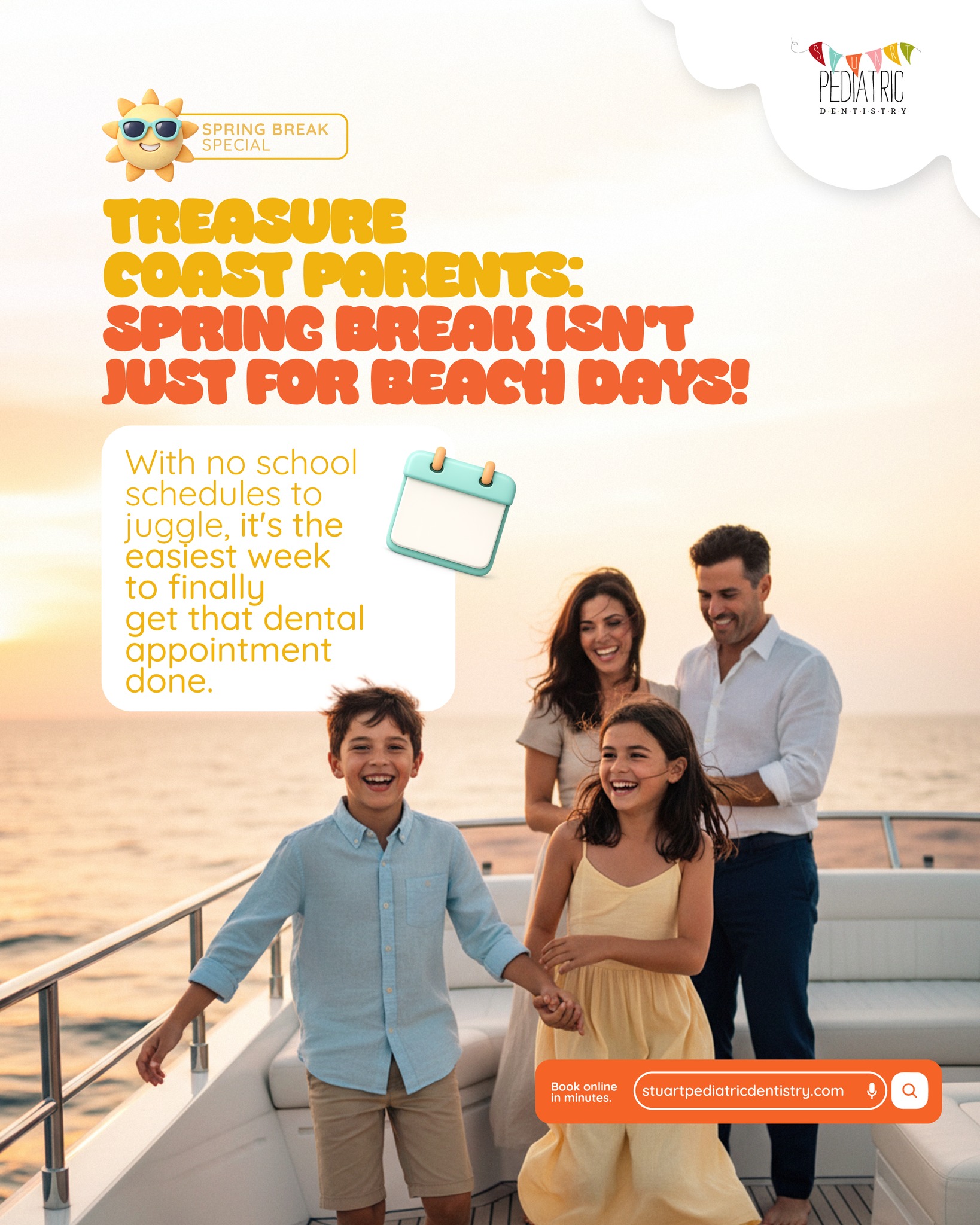 🌅 Spring break means no carpool, no homework, and finally — a free slot in the calendar! With school schedules out of the way, this is hands down the easiest week to get your child's dental visit done. Don't let another semester go by with a check-up on the to-do list. Book your spot today at stuartpediatricdentistry.com 📅☀️
#TreasureCoast #StuartFlorida #SpringBreak #KidsDentalHealth #PediatricDentistry #BookNow