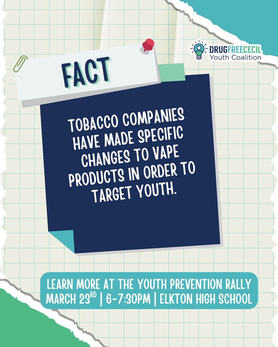 Learn more about vaping from Cecil County High School students at our Youth Prevention Rally!
📅 March 23, 2026
⏰ 6:00-7:30PM
📍 Elkton High School, 110 James St. Elkton, Md 21921
#youthtrainings #youthadvocate #youthleadership #prevention #dfcyc
