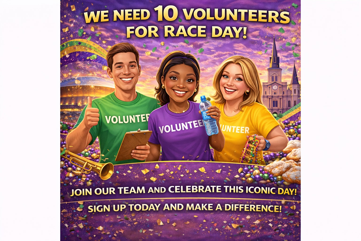 The @ccc10k is almost here, and we need 10 amazing volunteers to help us make Race Day unforgettable!
From the Dome to the Fairgrounds, our team will be bringing the energy — and we need YOU to help us:
🏃♀️ Cheer on runners at the Start Line and Finish Line
🎉 Celebrate with our team
💜 Support our mission to help end food insecurity in St. Bernard Parish
You’ll be part of the most iconic 10K in the country, surrounded by food, fun, music, and nonstop New Orleans vibes!
Ready to run it (without running it 😉)?
Drop a 🙌 in the comments or message us to sign up!
Let’s show the city what CCSTB is all about! 💛