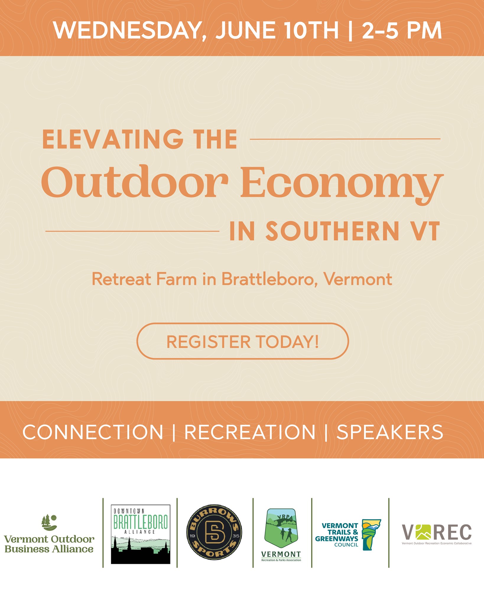 Elevate the Outdoor Economy in Southern Vermont!
Save the date for Wednesday, June 10th, 2–5 PM at Retreat Farm, Brattleboro (@retreatfarm) for outdoor adventures, connections, and insights on strengthening southern Vermont’s outdoor economy.
Co-hosted by VOBA, Downtown Brattleboro Alliance (@downtownbrattleboro) and Burrows Sports (@burrows_sports), partnering with Vermont Trails & Greenways (@vttrailsandgreenways) and Vermont Recreation & Parks Association (@vermontrecandparks), with support from our sponsors, Vermont Outdoor Recreation Economic Collaborative.
Event Schedule:
2:00 PM – Outdoor time
3:00 PM – Networking
3:30 PM – Speakers
4:15 PM – Networking & Refreshments
Don’t miss this chance to connect and collaborate!
🔗 Click the link in our bio to RSVP:
#VOBA #VermontOutdoorBusinessAlliance #OutdoorEconomy #SouthernVermont #VermontTrails #VermontRecreation #VermontOutdoorRecreation #CollaborateForImpact #Networking #OutdoorBusiness