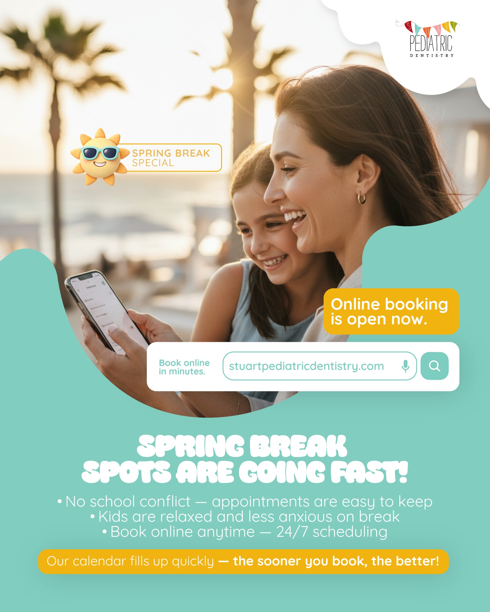 ⏰ Treasure Coast families — our spring break calendar is filling up quickly! This is one of our busiest booking weeks of the year, and for good reason: no school conflicts mean appointments are easy to keep, kids are more relaxed and less anxious, and our 24/7 online booking makes it effortless for parents. The sooner you grab your spot, the better. Head to stuartpediatricdentistry.com right now — it only takes a few minutes! 🦷🌴
#SpringBreak #StuartPediatricDentistry #BookNow #TreasureCoastMoms #KidsDentist #HealthySmiles #FloridaFamilies