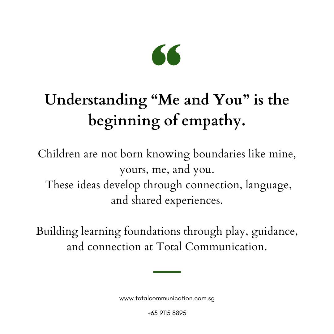Empathy begins with understanding “me” and “you.”
The first step towards connection and boundaries.
Contact us to learn more, call/WhatsApp: +65 9115 8895
#ChildDevelopment #EmpathyInChildren #EarlyLearning #SocialEmotionalLearning