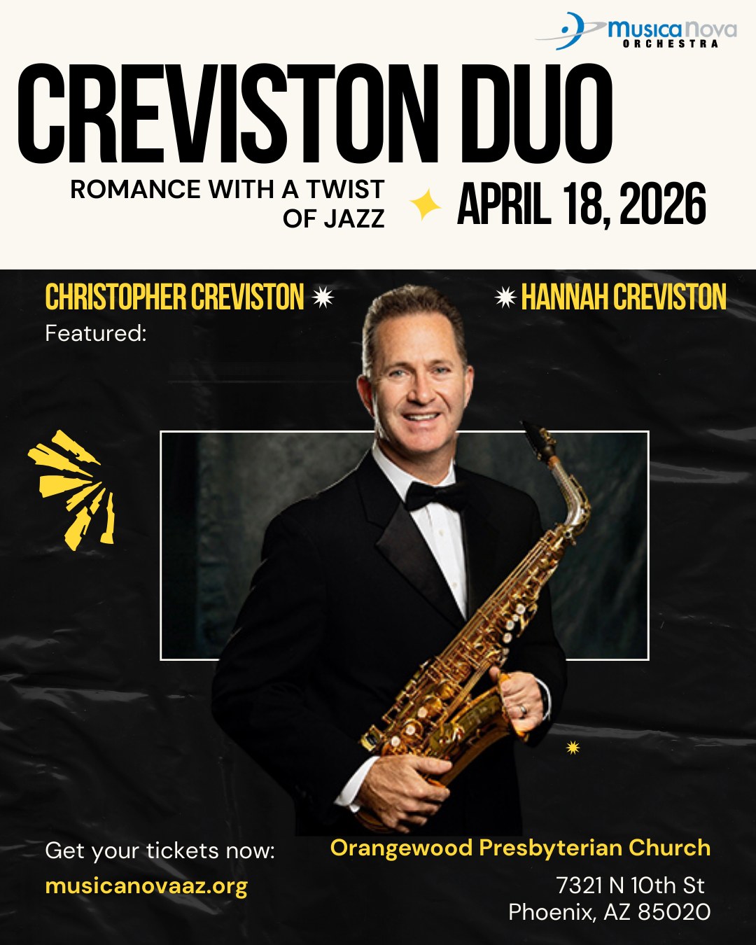 From soaring Romantic masterworks to bold contemporary voices, the Creviston Duo invites you to an evening that weaves together timeless classics and vibrant contemporary works into an unforgettable sonic journey! Join us this April 18th at the Orangewood Presbyterian Church!
For tickets: musicanovaaz.org
#greaterphoenix #saxophone #piano #jazz #chriscreviston