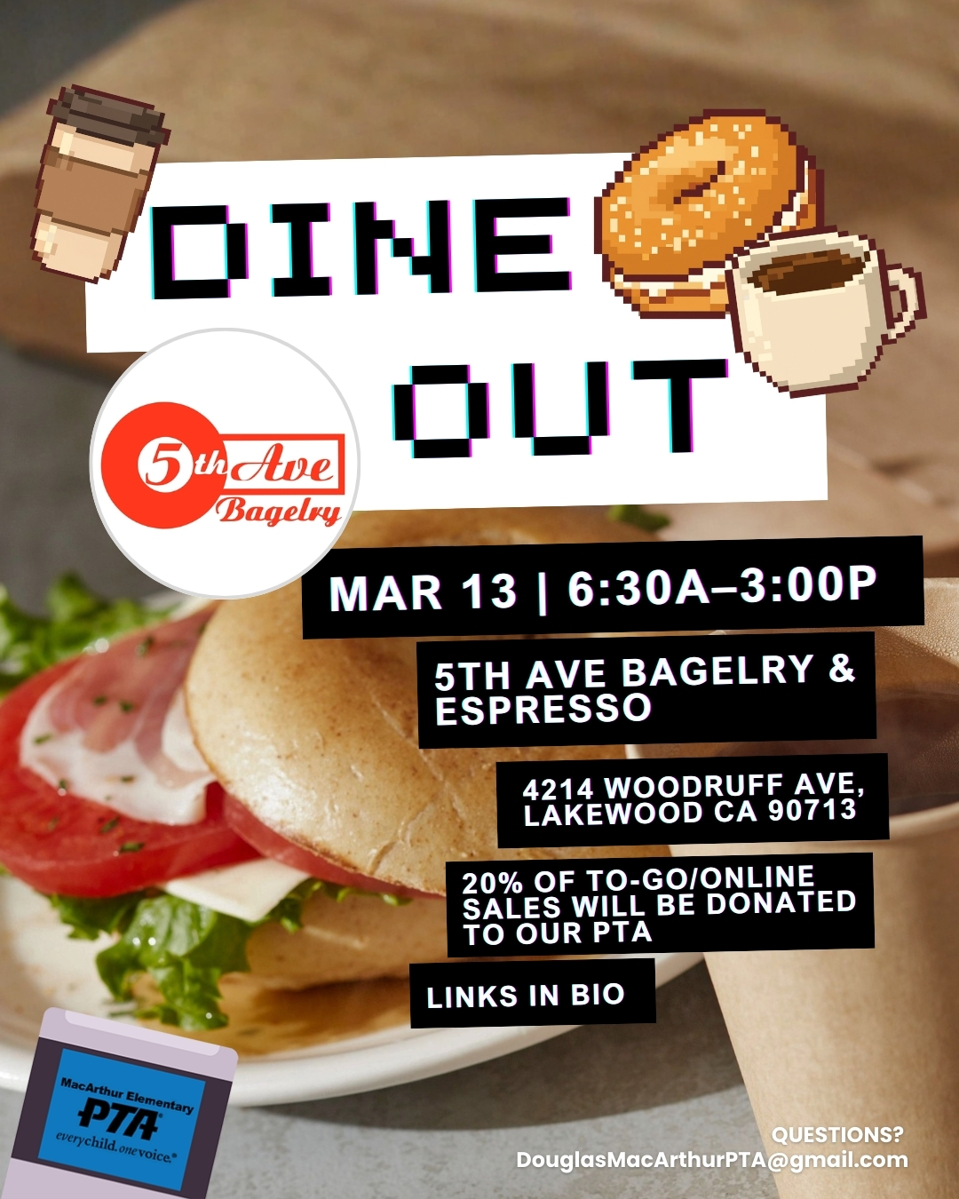 Bagels, Books & Big Community Energy! Start your morning strong or grab a tasty lunch while supporting MacArthur! Join us for our Dine Out at 5th Ave Bagelry & Espresso and help turn breakfast and sandwiches into support for programs that keep our Eagles reading, learning, and leveling up.
📅 Friday, March 13
📍 5th Ave Bagelry & Espresso
4214 Woodruff Ave, Lakewood CA 90713
⏰ 6:30 AM – 3:00 PM
🥯 Perfect for morning coffee and bagels or grab sandwiches for Lunch with a Loved One before or after the event!
💥 20% of TO-GO & ONLINE sales will be donated to our PTA
👉 Be sure to tell the staff you're there for the MacArthur fundraiser so your order counts!
📚 Every purchase helps support programs like Home Reading Club, Family Storytime, student enrichment, and school events that help our Eagles grow into lifelong readers.
👉 Links to order in the bio
#GameOnMacArthur #MacArthurPTA #DineOut #5thAveBagelry #MacArthurElementary #EaglePride #SupportOurSchool #SchoolCommunity #BagelsAndBooks #FamilyEngagement #LongBeachSchools