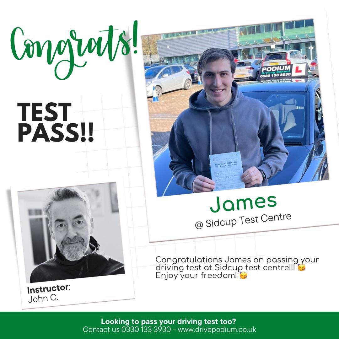 Congratulations to James on passing his test on Monday at Sidcup DTC. After his first attempt James built up his experience whilst practicing in his own car and returned to Sidcup to deliver a successful pass with 4 df’s. James, enjoy the freedom driving offers and stay safe out there. All the best from myself and the Podium team. 😊🚗