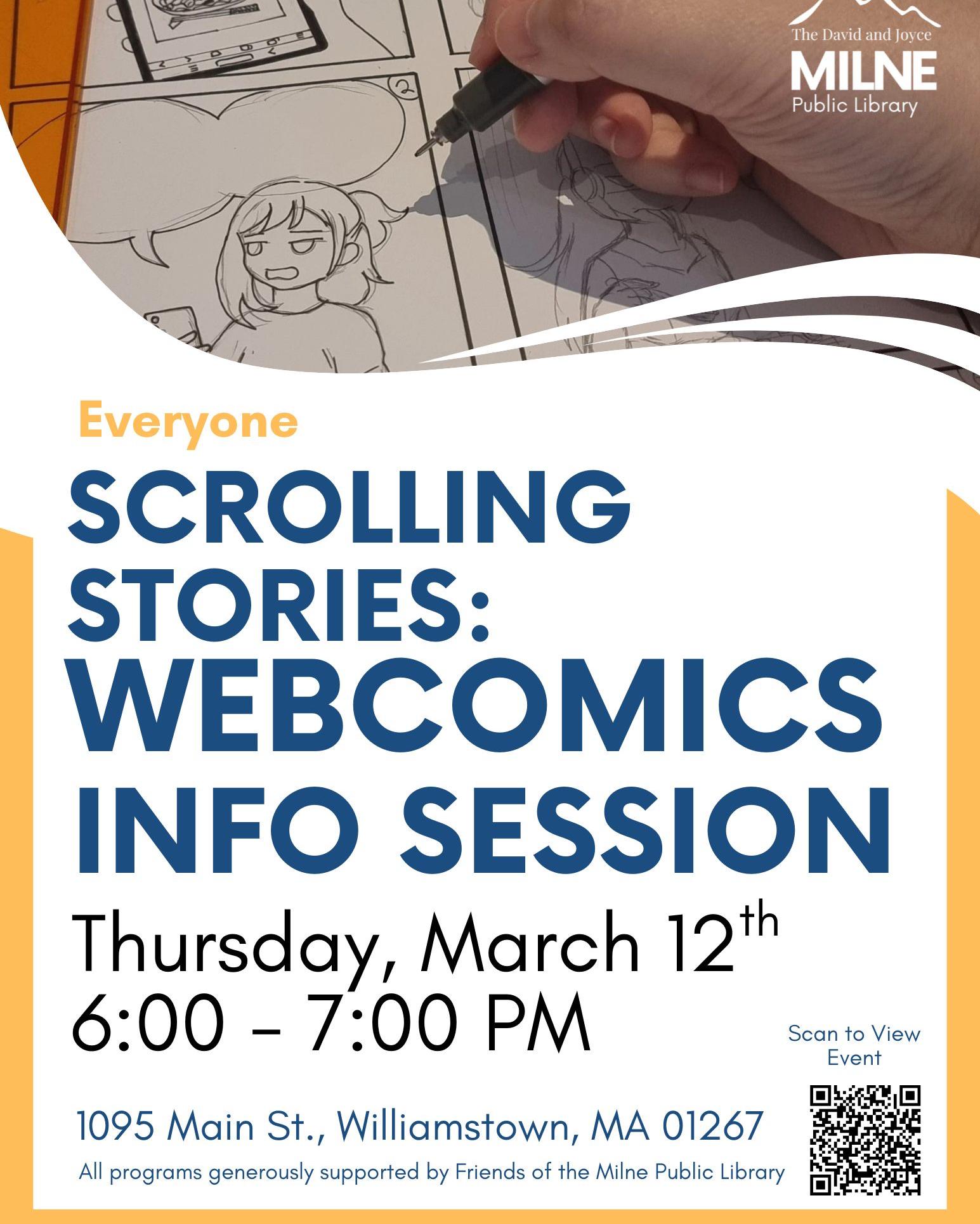 Join us later today for two exciting programs!
Are you interested in webcomics and what makes them so popular? This informational session, today, March 12th at 6:00 p.m., introduces the world of webcomics - what they are, why people love them, and how to find and read them online.
Then join local author and activist, Eric Wilson, at 6:30 p.m. to discuss his autobiography.
Nothing Happens Overnight is the memoir of a man who has spent a lifetime advocating for people with disabilities by sharing his story of a man living with partial brain death and hearing loss.
Learn more about these events using the link below!
https://milne.librarycalendar.com/events/month