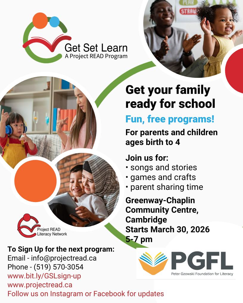 📣 Registration is open!
Families in Cambridge can now sign up for Project READ’s Get Set Learn (GSL) program - a free, fun program for families with children ages 0–6 focused on early learning and connection.
📅 March 30 – May 19
🕔 Mondays & Tuesdays | 5–7 PM
If you know a family who might enjoy this program, feel free to share!
You may register through
Link in our bio
Email: info@projectread.ca
Phone: 519-570-3054 (leave a message and you will receive a call back)