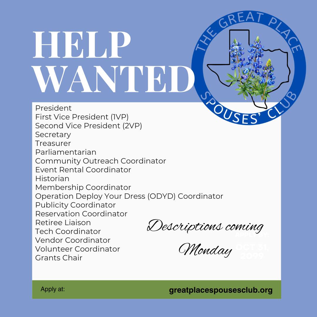 𝐇𝐞𝐥𝐩 𝐒𝐡𝐚𝐩𝐞 𝐭𝐡𝐞 𝐅𝐮𝐭𝐮𝐫𝐞 𝐨𝐟 𝐭𝐡𝐞 𝐒𝐩𝐨𝐮𝐬𝐞𝐬’ 𝐂𝐥𝐮𝐛
Our Spouses’ Club thrives because of the incredible volunteers who step forward to lead, organize, and support our community.
We are excited to begin highlighting the board positions that help make everything possible.
Starting Monday, we’ll introduce each role and what they do behind the scenes.
✨ Whether you enjoy planning events, working with people, organizing projects, or supporting community outreach, there’s a role for you.
Stay tuned as we spotlight each position!
https://www.greatplacespousesclub.org/board-applications