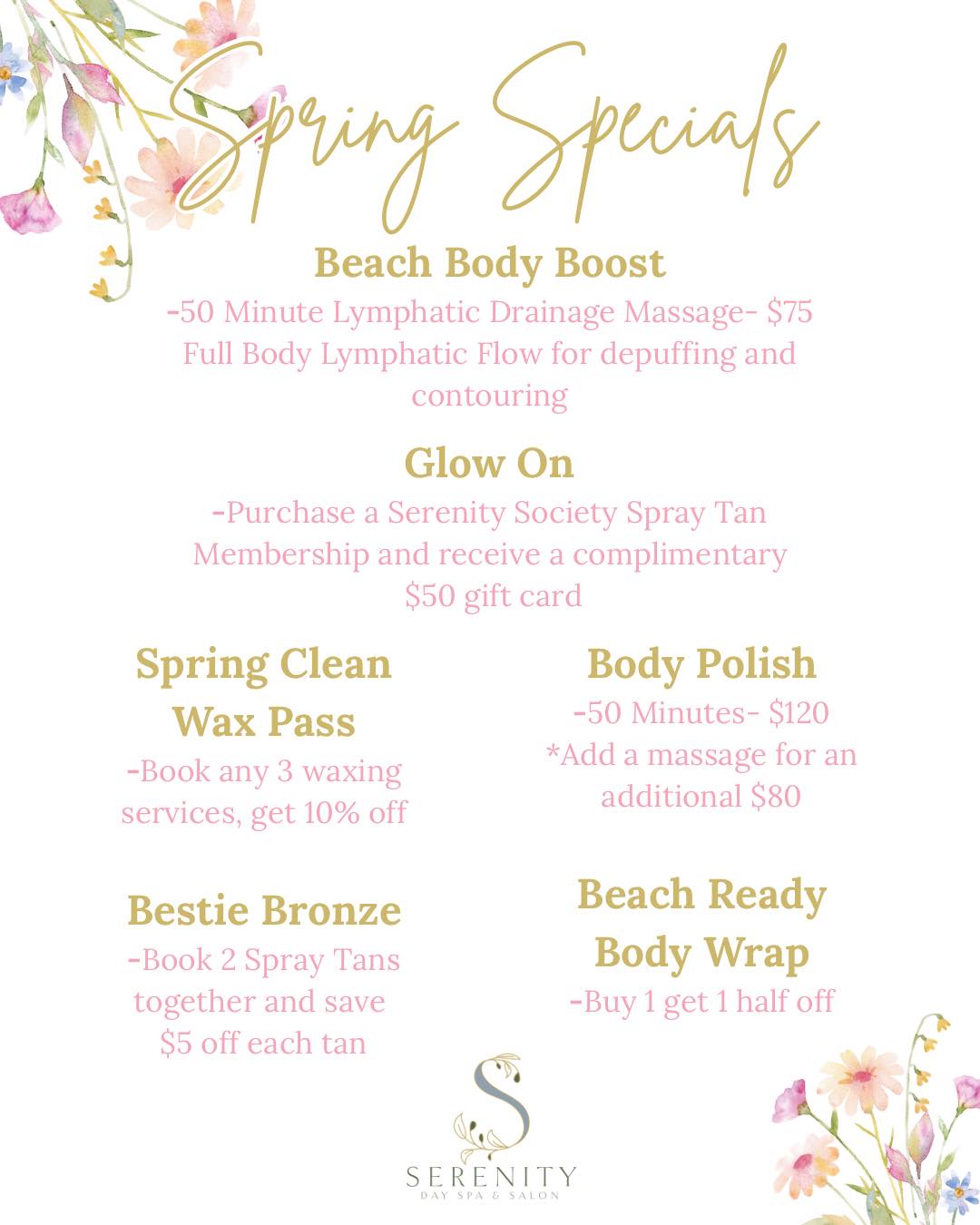 🌸 Spring Specials are here at Serenity Day Spa!
Get ready to refresh, glow, and feel your best this season. From body contouring lymphatic massages to beach-ready body wraps and spray tan deals, we’ve got everything you need to step into spring feeling confident! 🐣
Spring is the perfect time for a little self-care. 🌷 Call 870.234.4000 or book online at Sdsmagnolia.com to reserve your spot!
#springspecials #salonandspa #treatyourself #shoplocalshopmagnolia #sdsmagnolia