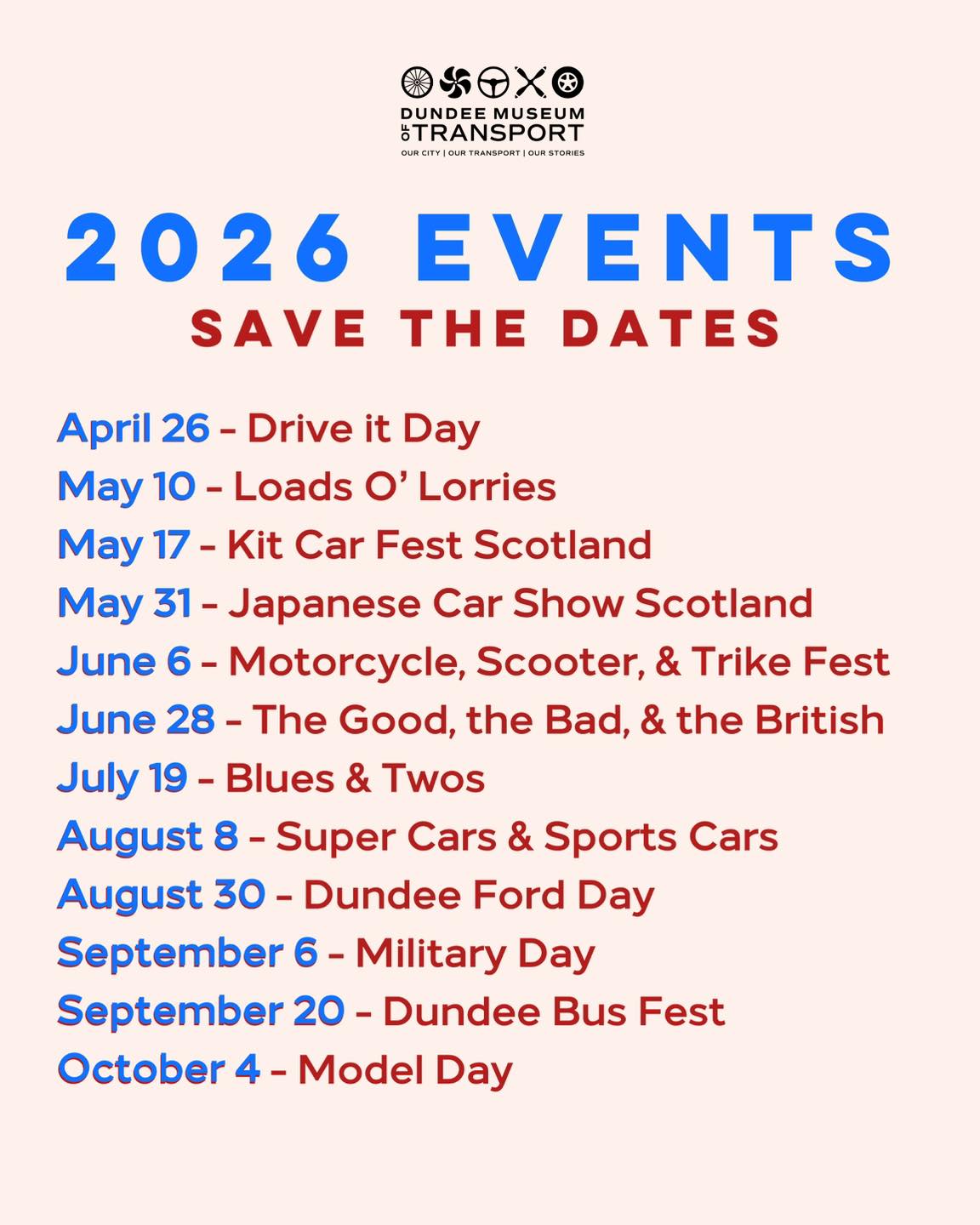 📅🚗 Our 2026 events season is just around the corner.
From Drive It Day in April to Loads O’ Lorries, Kit Car Fest, Motorcycle, Scooter and Trike Festival, Blues and Twos, and Dundee Ford Day later in the summer - there’s plenty to look forward to at Dundee Museum of Transport.
Make sure the dates are in your diary - our events calendar is shaping up to be a brilliant one.
We’re now inviting vehicle owners and enthusiasts to take part in this year’s events. If you have a vehicle that fits one of our themed days, we’d love you to bring it along and be part of the display. Email manager@dmoft.co.uk to enroll!