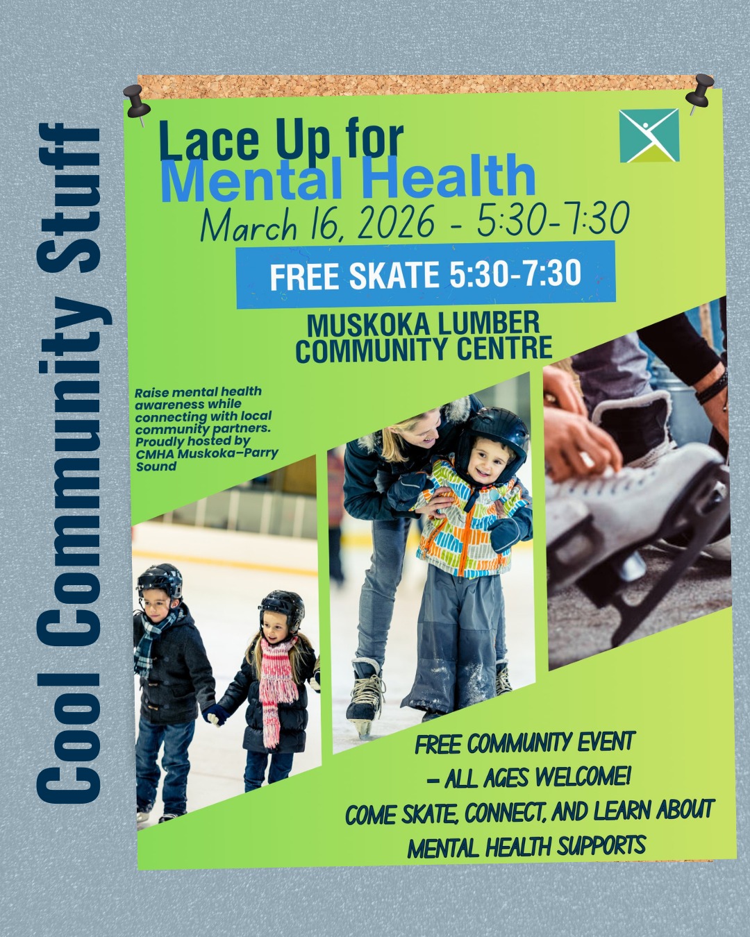 Grab your skates and join us for a free event on March 16!
Canadian Mental Health Association Muskoka–Parry Sound is hosting Lace Up for Mental Health, a free community event to have fun and learn about mental health supports in Muskoka. Everyone of all ages is welcome.
Kelly, our Community Outreach Facilitator, will be there and she’d love for you to say hi! Come by our table and do a little trivia activity for a prize.
📅 March 16, from 5:30-7:30 p.m.
📍 Muskoka Lumber Community Centre, 56 Salmon Ave., Bracebridge
⛸️ No registration is needed.
@cmhamuskokaparrysound
