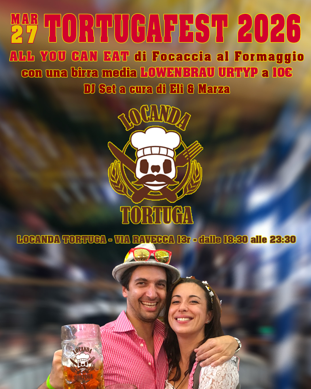 Venerdì 27 MARZO la Locanda Tortuga si trasforma in una grande festa! 🎉
👉 All You Can Eat di focaccia al formaggio – la nostra specialità, senza limiti
👉 DJ set fino a chiusura – musica e divertimento per tutta la serata
👉 Evento in piedi – atmosfera conviviale, brindisi e amici
Una serata per mangiare, ballare e divertirsi insieme, nel cuore di Genova.
Non perdere l’occasione di provare la focaccia più famosa della città… in versione no stop!
📍 Locanda Tortuga – Via Ravecca 13r - Porta soprana
🕖 Dalle 18:30 fino a chiusura
🎟️ Ingresso: GRATUITO
Porta gli amici, condividi l’evento e preparati a vivere la magia della Tortugafest.
#Tortugafest #FocacciaParty #LocandaTortuga