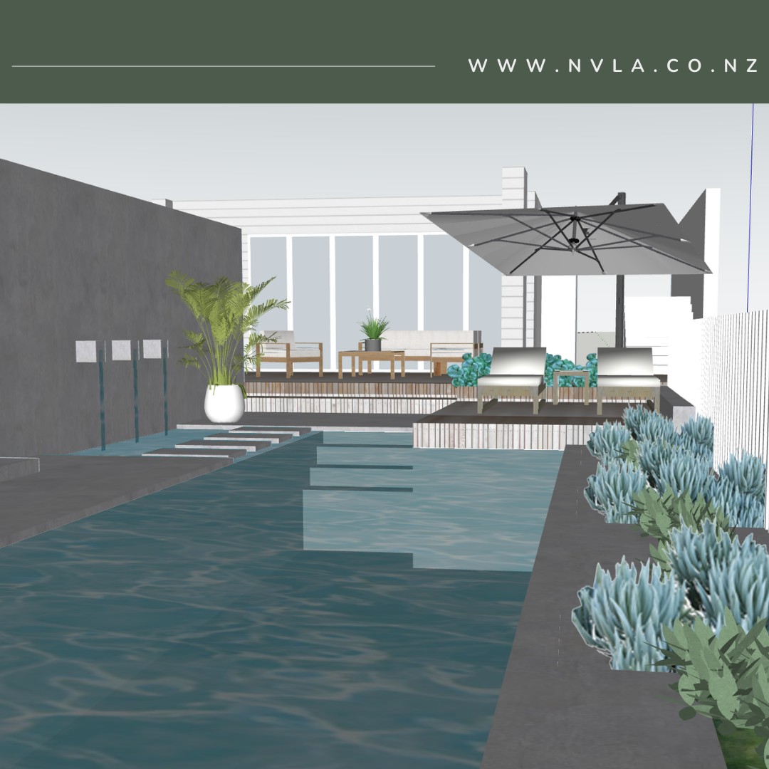 Latest project on the books, I love when a property has bold levels to work with that add interest to the pool area #steppingstonewaterfeature #swimmingpool #leveldesign www.nvla.co.nz