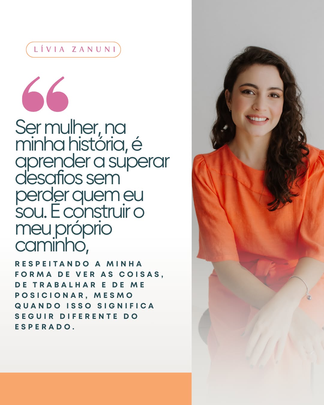 Celebramos a sensibilidade e a trajetória de mulheres que transformam a profissão em propósito.
Nesta campanha de Mês da Mulher, convidamos, também, o nosso time a compartilhar, em uma frase, o que significa ser mulher em sua própria história.
✨ Hoje, quem divide a sua visão é a Lívia Zanuni, gerente de projetos da Abrace.
Cineasta, fotógrafa, peça-chave para a Abrace, ela busca, constantemente, pelo aprimoramento pessoal. Entre livros, ouvido atento e sonhos realizados, a Lívia leva consigo a proatividade genuína de quem quer crescer como ser humano.
Estamos todas nessa busca de ser quem somos, com a flexibilidade de aprender que nem sempre seguiremos em linha reta.
Cada mulher que escreve a sua própria trajetória, inspira outras no caminho. 🧡
#MesDaMulher #MulheresQueEncantam #AutoridadeFeminina #AbraceComunique #Liderança #PosicionamentoFeminino