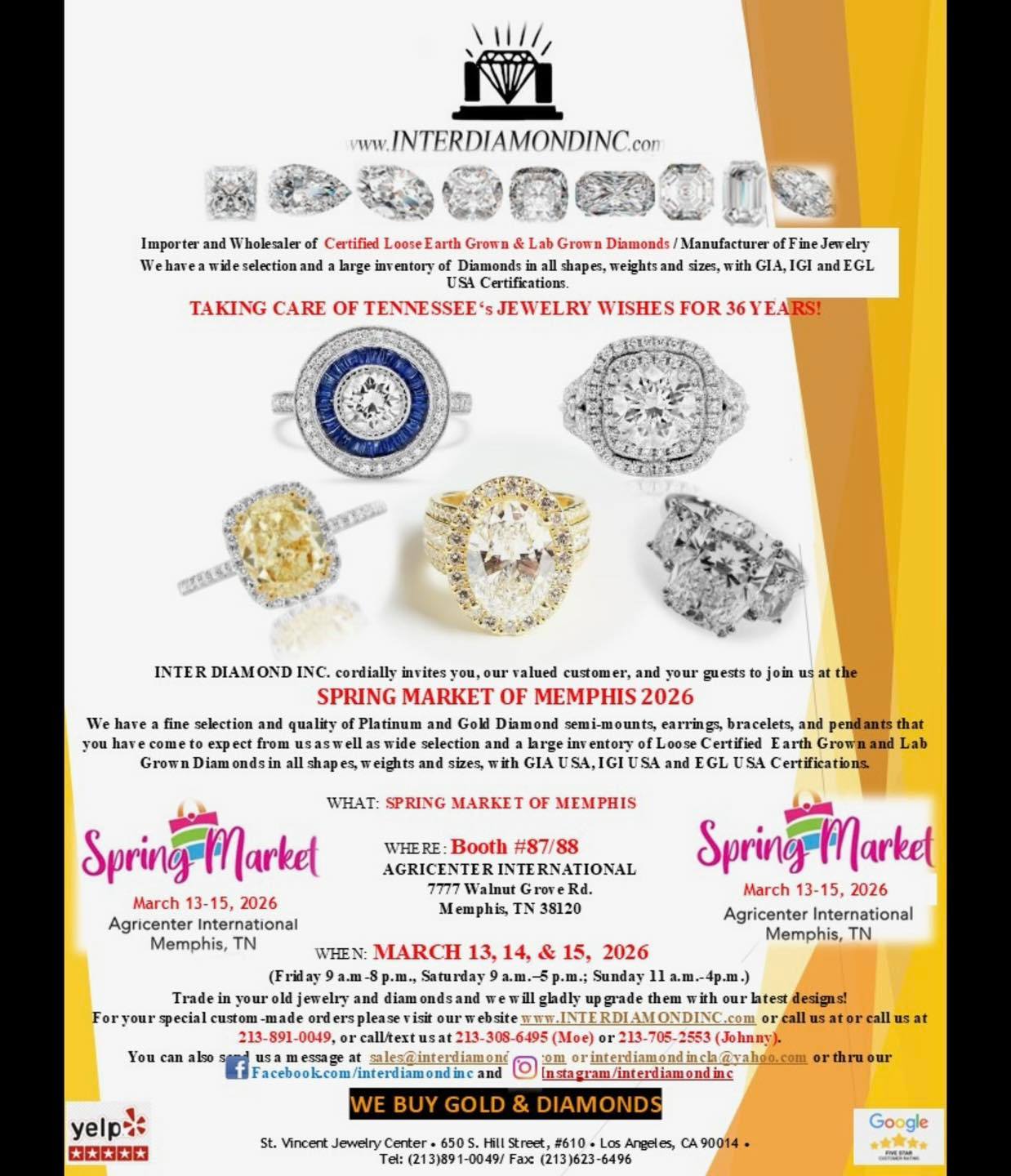 interdiamondinc the perfect place to shop for fine jewelry whether your spoiling yourself, a loved one, or a significant other! There’s no better place!
🌸 Spring Market of Memphis 🌸
🛍️ Dates: March 13-15, 2026
📍Location: Agricenter International
📅 Show Hours:
Friday: 9 AM - 8 PM
Saturday: 9 AM - 5 PM
Sunday: 11 AM - 4 PM
🎟️ Tickets:
$10 General Admission
$18 3-Day Pass
$20 Friday Date Night
$20 Saturday Muffins & Mimosas
✨ Don’t miss out on shopping, fun, and unforgettable memories!
👉 For all the info and tickets, visit:
www.themarketshows.com
Buy Tickets Here: https://midsouthmediagroupcom.ticketspice.com/spring-market-of-memphis-2026
#SpringMarket #MemphisEvents #ShopLocal
