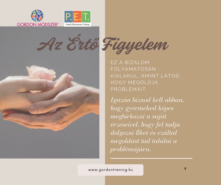 A Gordon Módszer egyik kulcsfogalma: kié a probléma?
Képzeljünk el egy helyzetet: A gyerek hazajön az iskolából és azt mondja:
„Utálom az osztálytársaimat. Senki nem akar velem játszani.”
A legtöbb szülő reakciója valami ilyesmi lenne:
„Biztos túlérzékeny vagy.”
„Próbálj meg kedvesebb lenni.”
„Majd lesznek barátaid.”
"Úgy bánj másokkal, ahogy veled szeretnéd, hogy bánjanak!"
Ez teljesen érthető.
De ebben a helyzetben a gyereknek van problémája, nem a szülőnek. A gyerek szomorú, csalódott vagy magányos. Ha a szülő azonnal tanácsot ad vagy megnyugtat, akkor gyakran átveszi a problémát – és ezzel elveszi a gyerektől a lehetőséget, hogy maga dolgozza fel a helyzetet.
🩷Ehelyett egy támogató, elfogadó hangvételű válasz valahogy így hangozhat:
„Nagyon rossz lehet, amikor úgy érzed, hogy kimaradsz.”
Ez nem oldja meg a problémát.
De megnyitja a beszélgetést.
🩷És sokszor innen indul el az igazi megoldás.
✅ Olvass tovább: https://www.gordontrening.hu/post/hogyanhatagyerekeinkkelvalokommunikaciomindenre