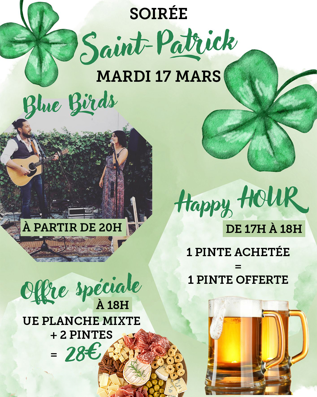 🍀 Soirée Saint-Patrick – Mardi 17 mars 🍀
On fête la Saint-Patrick comme il se doit ! 🎉
Viens partager une soirée festive autour d’une bonne bière et d’une ambiance conviviale.
🍺 Happy Hour de 17h à 18h
👉 1 pinte achetée = 1 pinte offerte
🥨 Offre spéciale à 18h
👉 1 planche mixte + 2 pintes = 28€
🎶 Ambiance musicale avec Blue Birds à partir de 20h
Entre amis, en famille ou entre collègues, c’est le moment parfait pour lever son verre et célébrer ! 🍻
⚠️ Réservation conseillée !
#latableduchai #SaintPatrick #SoiréeIrlandaise #HappyHour #Sortir #Bière #Ambiance #Afterwork