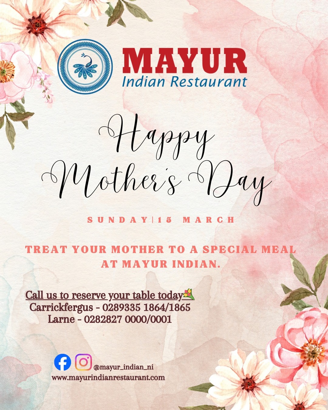 🪷🌸 To all the Mothers around the world, "Happy Mothers Day" 🪷🌸
🥂This 15th March; treat your Mother to a special Meal at Mayur 🥂
🌟For Reservation, please call us now :
Carrickfergus : 028 9335 1864/1865
Larne : 028 2827 0000/0001🌟
or book online at https://www.mayurindianrestaurant.com/reservations
or send us a message via
Facebook / Instagram (@mayur_indian_ni)
#Mayur #Loved #larne #cobra #mothersday #Menu #indiancuisine #indianfood #love #curriesofindia #foodie #desimasala #cobra #karahi #drinks #winelover #foodtasting #thankyouforyoursupport #grateful #currylover #mothersdaygift #Mothersday2025 #mother #ginandtonic